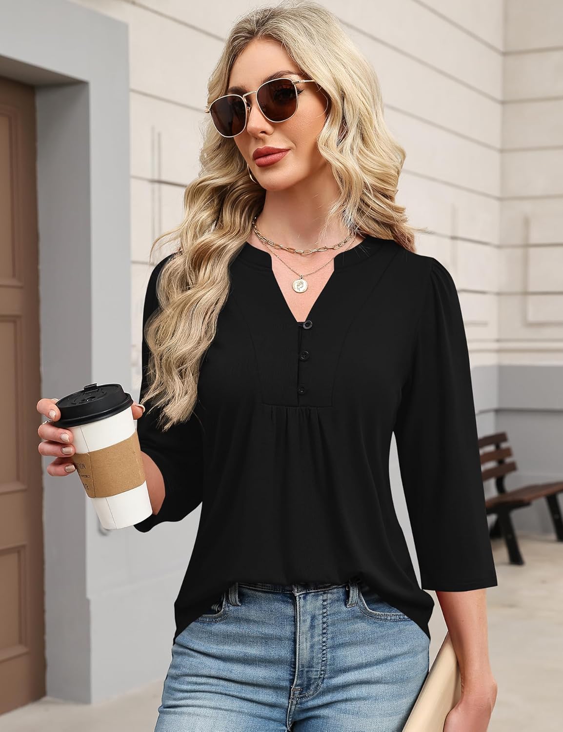 IECCP 3/4 Length Sleeve Womens Tops Dressy Casual Henley V-Neck Summer Tops Pleated T-Shirts Loose Fit Work Blouses - Image 4