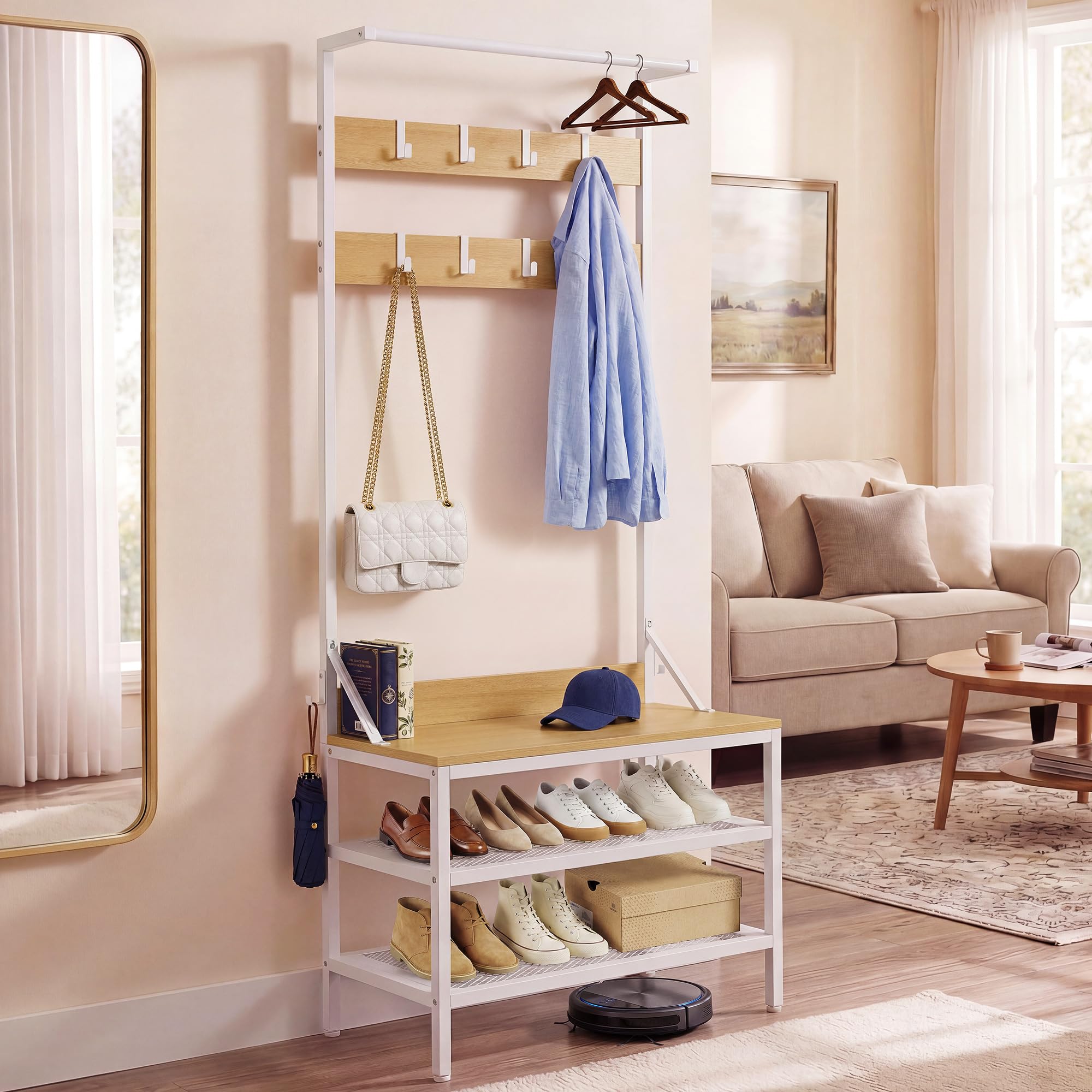YITAHOME Appendiabiti a 2 ripiani, con porta scarpe, stand appendiabiti, industriale, con 9 ganci per corridoio, soggiorno, camera da letto, telaio in metallo