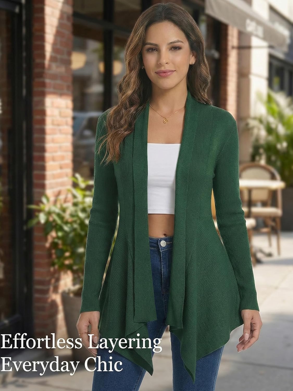 Women's Draped Open Front Cardigan, Soft Ribbed Knit Long Sleeve Irregular Hem All-Season Outerwear - Image 2