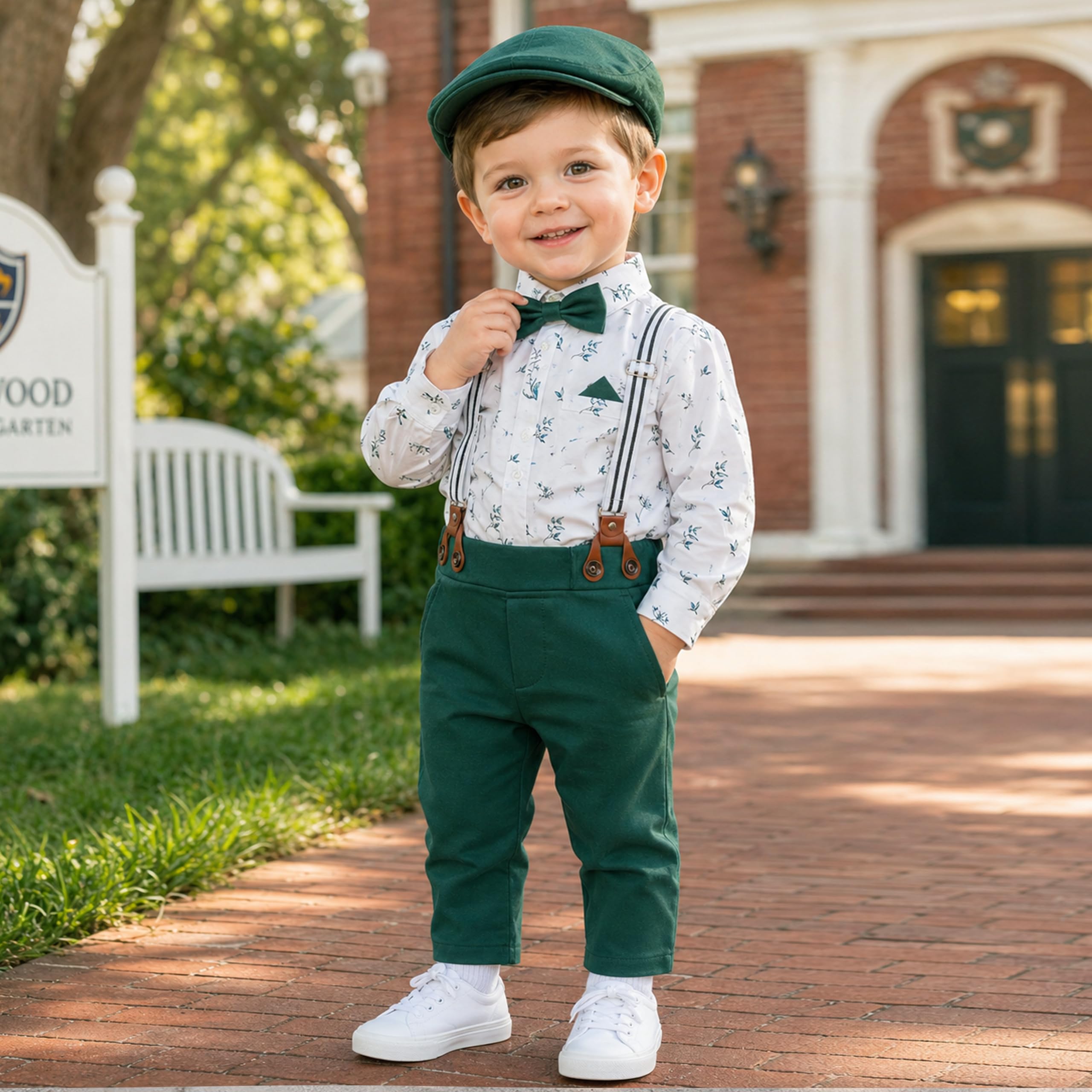 Volunboy Bebé Niño Caballero Conjunto, Cuadros Camisa con Pajarita + Tirantes Pantalones 5 Piezas Traje Ropa(18-24 meses,Tamaño 90,Verde)