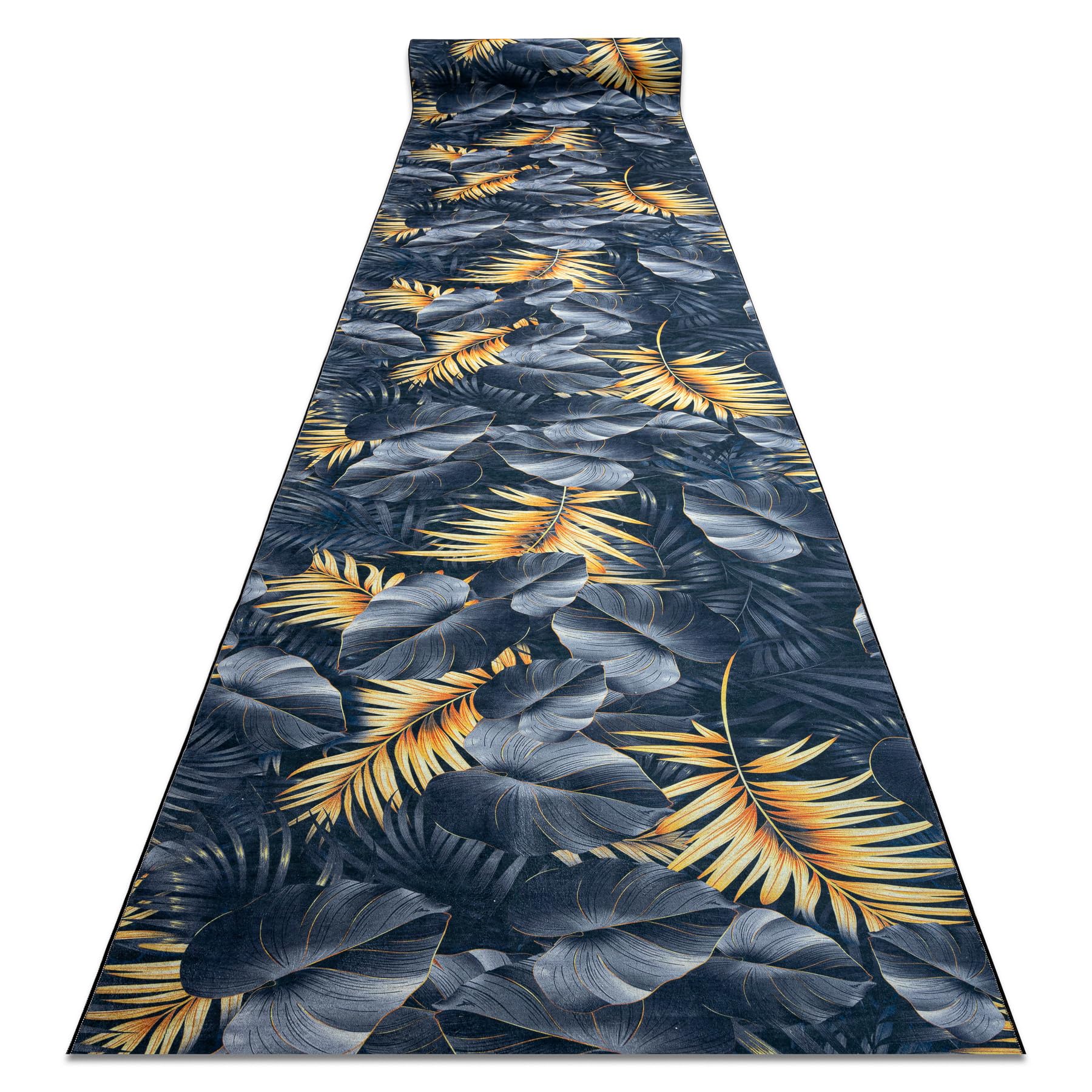 rugsx Tapis Antidérapant Lotus Ferns 45270 Feuilles Gris/Or - Lavable - 60x350 cm - Tapis de Couloir Antiglisse pour Cuisine et Entrée
