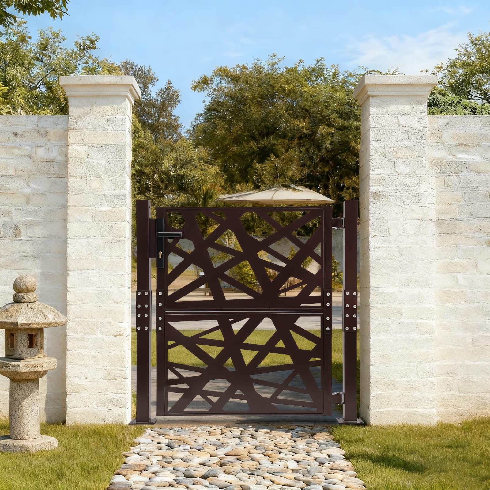 Puerta de jardín, 105 x 100 cm, color negro, para jardín, exterior, de seguridad, de metal, ángulo de apertura de 180°, cierre de seguridad con 7 llaves, para jardín, patio y terraza (marrón