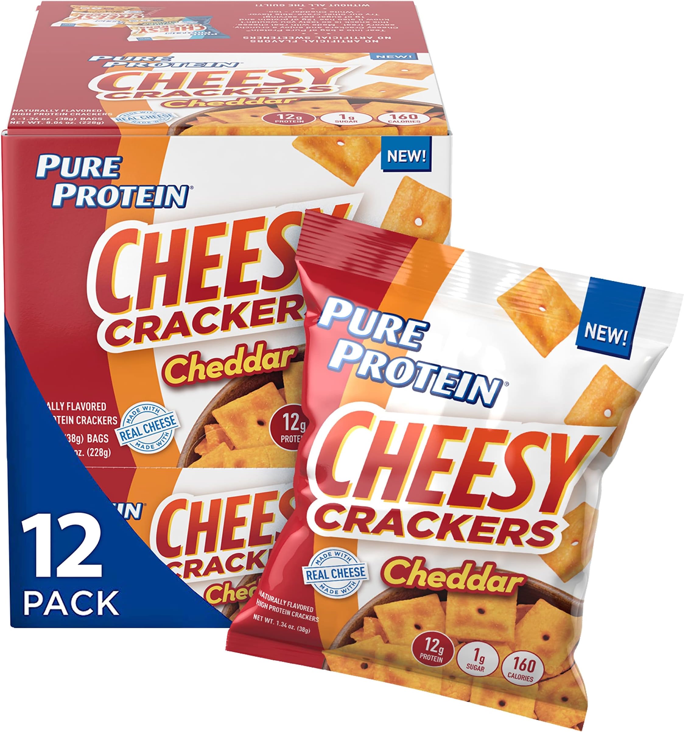 Pure Protein Cheesy Crackers, Cheddar, High Protein Snack, 12G Protein, 1.34 oz, 12 Count (Packaging may vary)