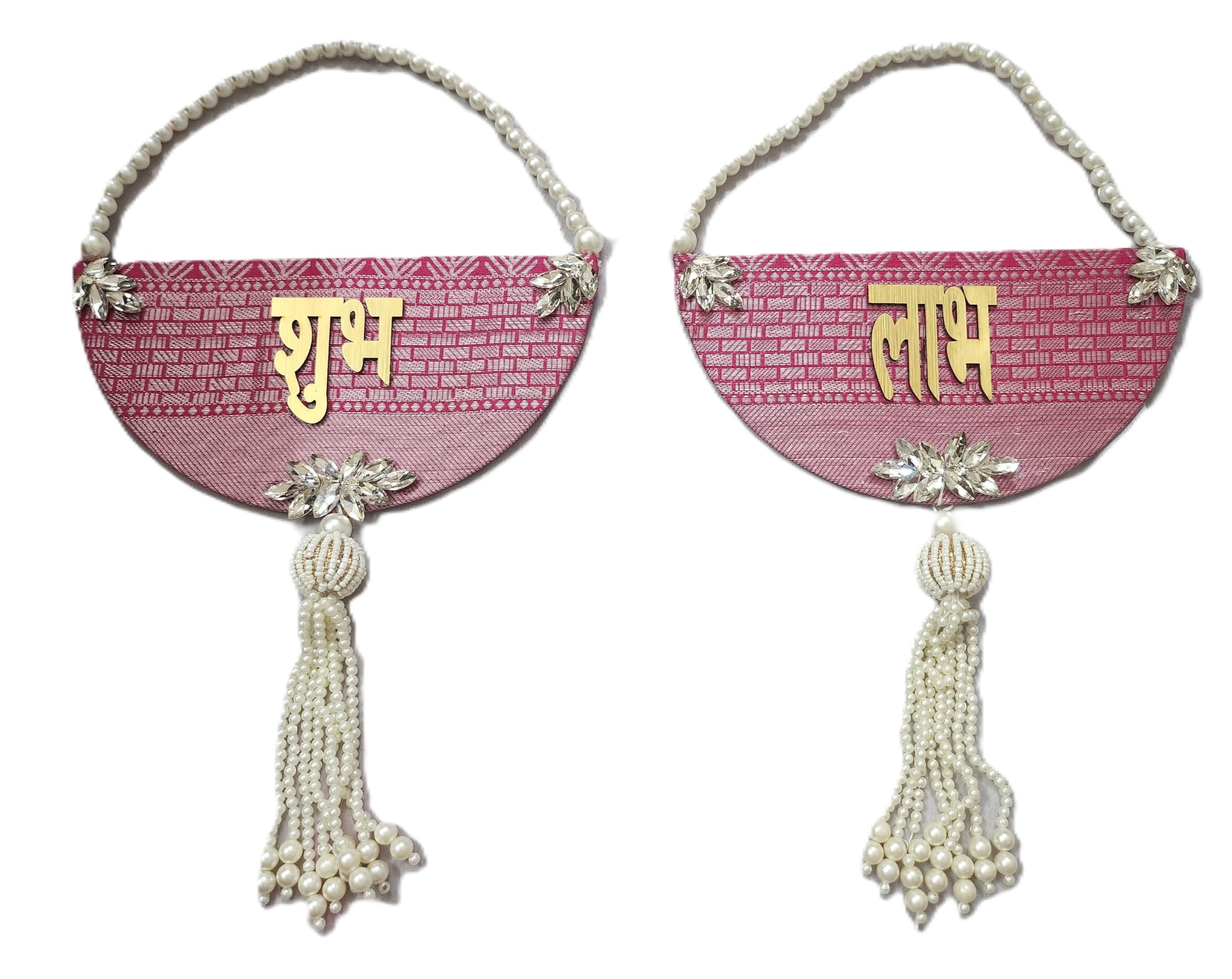 Manavsi Hasthshilp S-2025412 Pink Colour Pearl Work Shubh Labh/Soan/Sticker Cum Hanging for Doors and Windows (1 Pair)-image-16