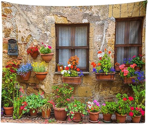 Tapiz Toscana Italia con flores de pared de piedra antigua, decoración de ventanas, colgante de pared grande para dormitorio, sala de estar,