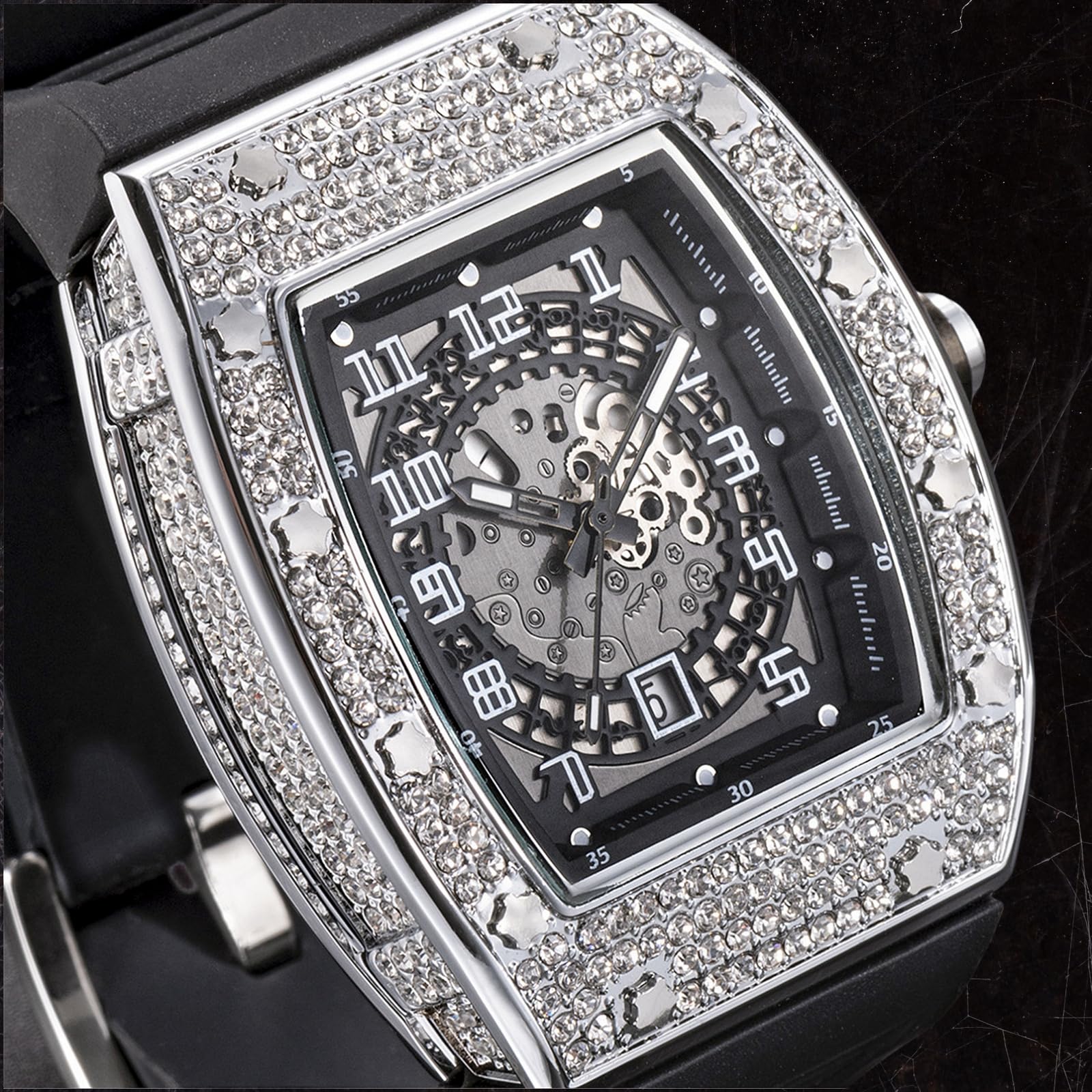 ICEDIAMOND Bling CZ Diamond Skeleton Barrel Dial Orologio al quarzo orologio da uomo con calendario giorno ghiacciato Hip Hop Fashion Watch, Nero-argento, Moda