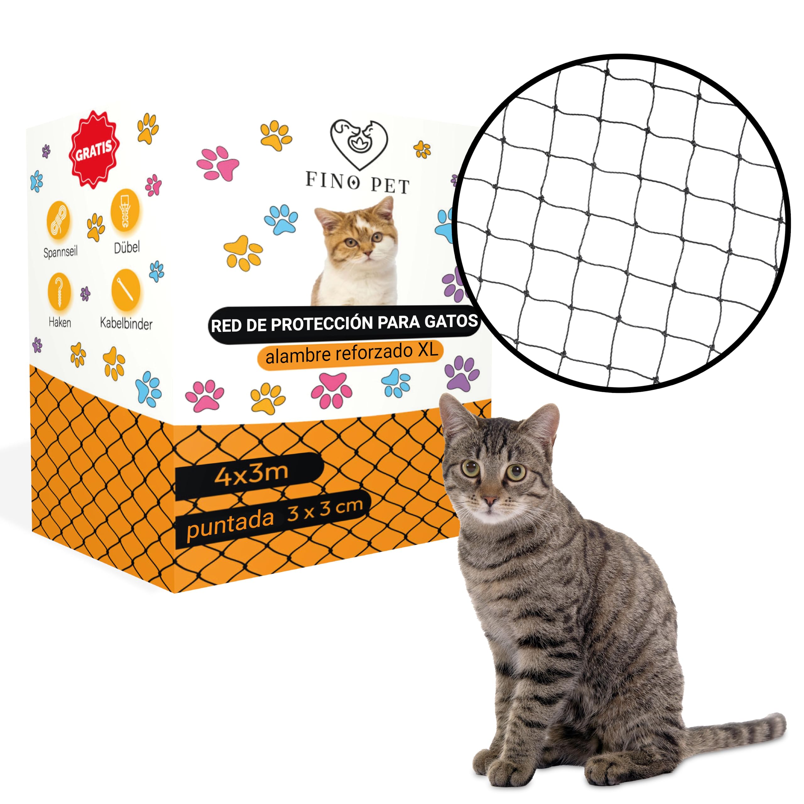 FinoPet Red para Gatos para balcón, con Alambre Reforzado, 4 x 3 m, Incluye Material de fijación, Red de protección para Gatos, Red de Seguridad, Red de balcón, Red de Seguridad para Gatos
