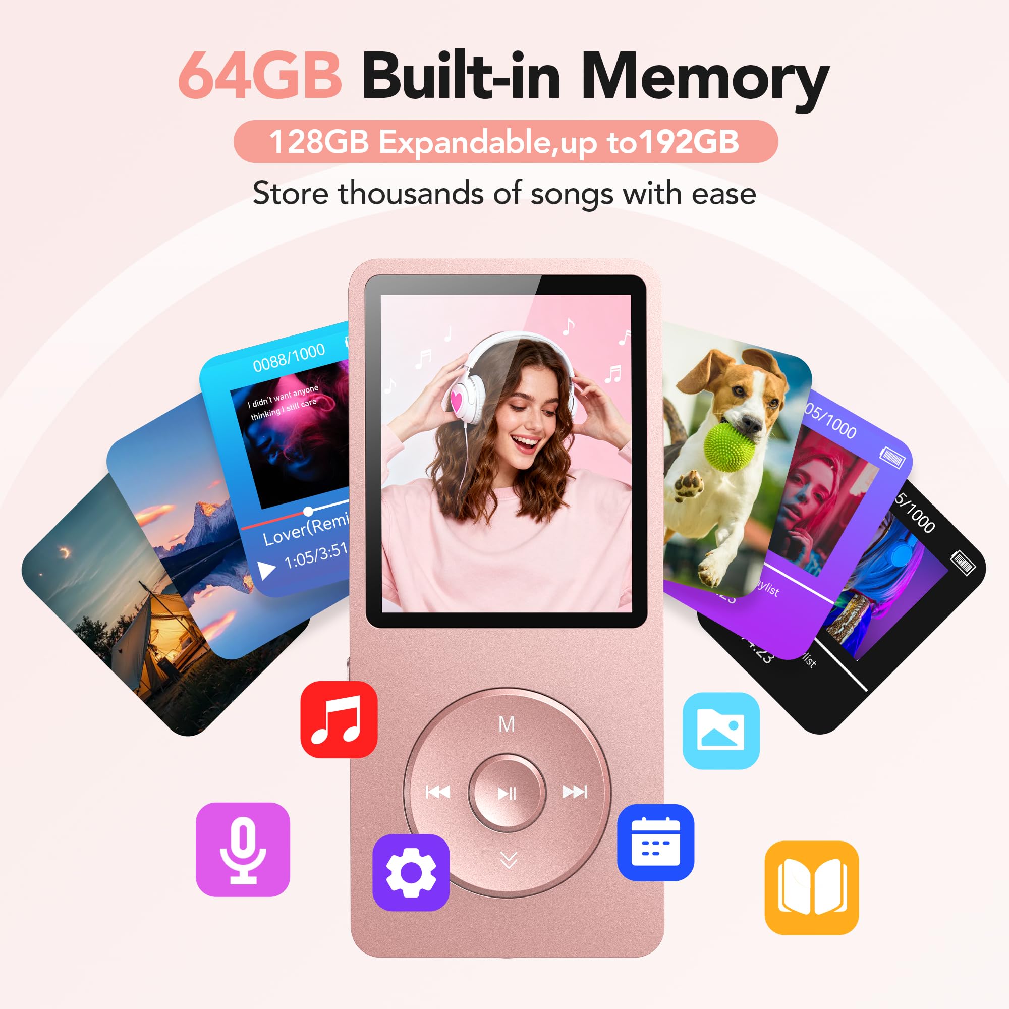 AGPTEK A02PL Reproductor MP3, 70 Horas de reproducción, Reproductor de música con Sonido sin pérdidas, admite hasta 128 GB (Oro Rosa, 64GB)
