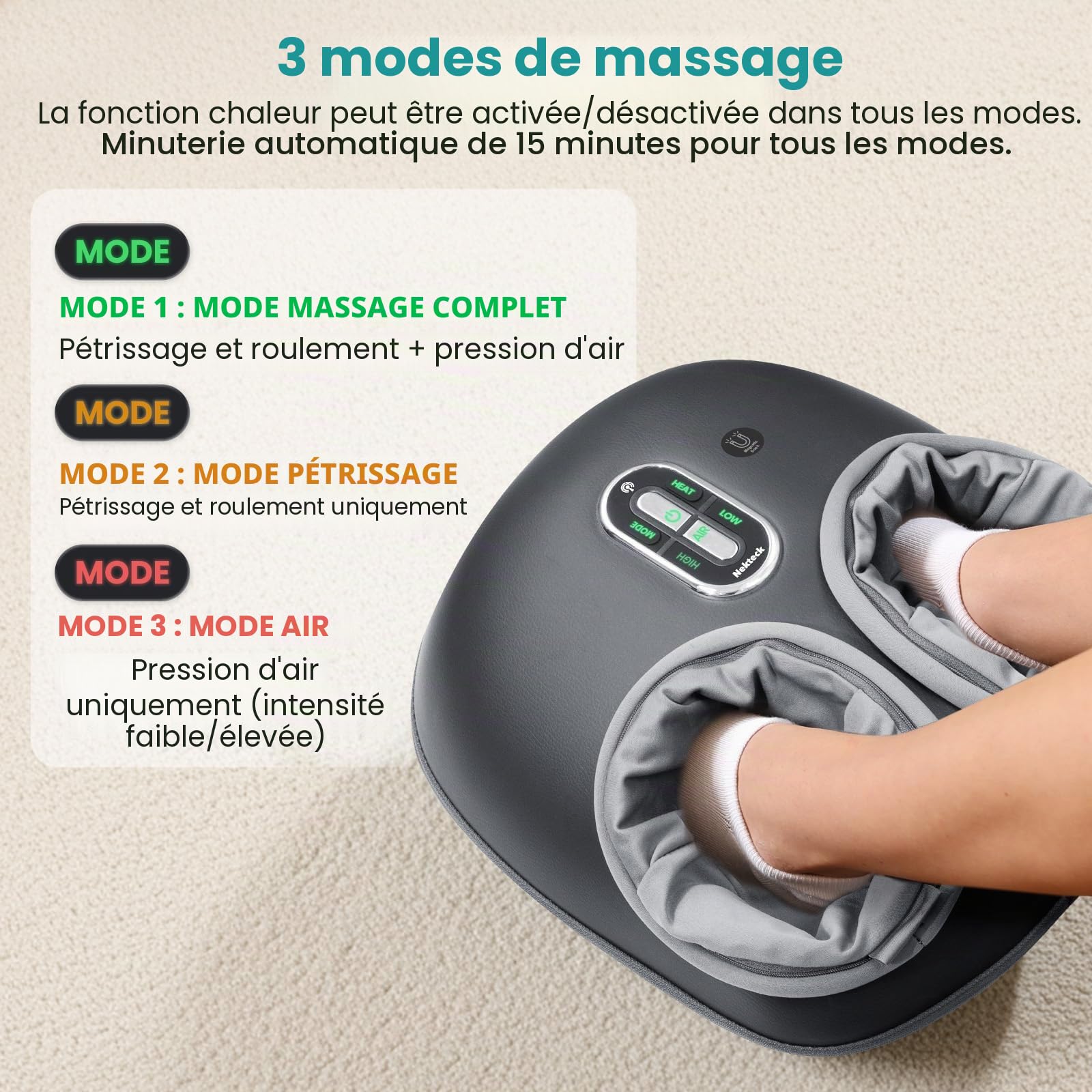 Nekteck Masseur Pieds avec Chaleur, Masseur Shiatsu pour La Fasciite Plantaire avec Télécommande, Massage par Pétrissage Profond et Compression D'Air pour Pieds, Cadeaux pour Hommes Femmes