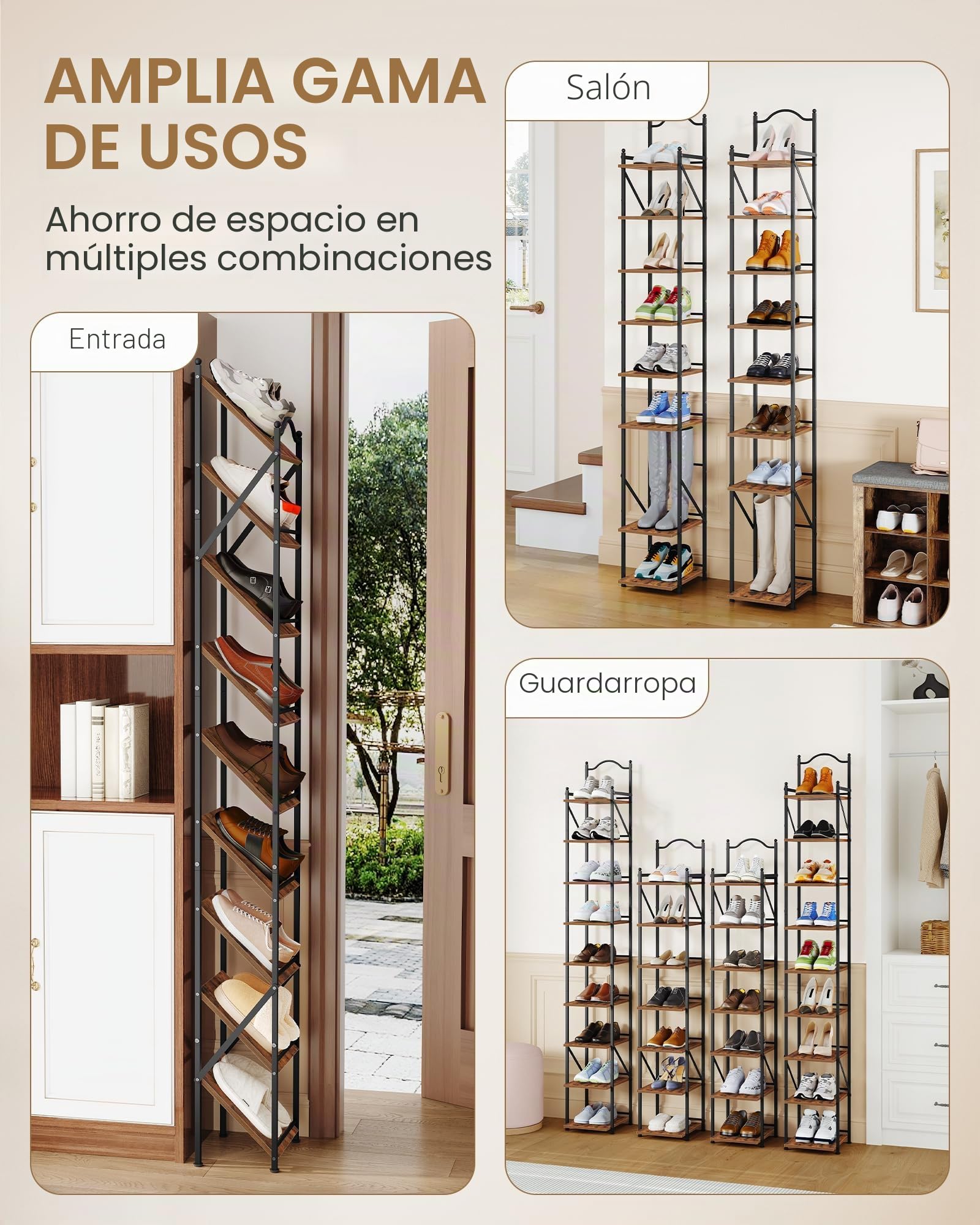 Hzuaneri Zapatero Vertical, 9 Niveles, 2 Modos Ajustables, Ahorra Espacio | Zapatero Estrecho, 26,5 x 27,5 x 185 cm, Zapatero Organizador para Entrada, Pasillo, Sala de Estar, Marrón Rústico, SR28901B