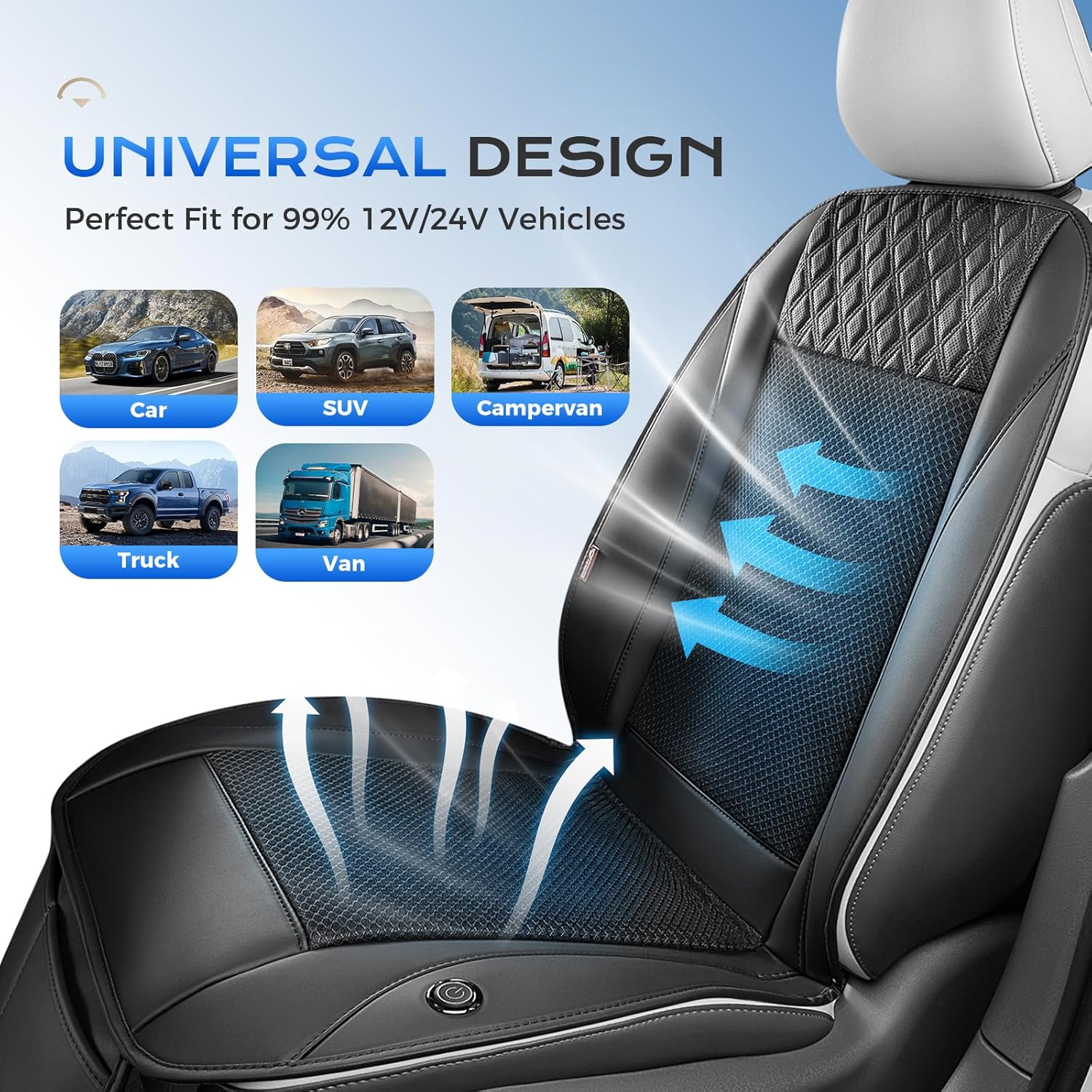 Coverado Cooling Car Seat Cover with High-Velocity Turbo Fan, Powerful Blowing & Suction Pad, 12V-24V Ventilated Cushion, 3-Speed Adjustable Airflow, Universal Fit for Car SUV Truck Van，Black
