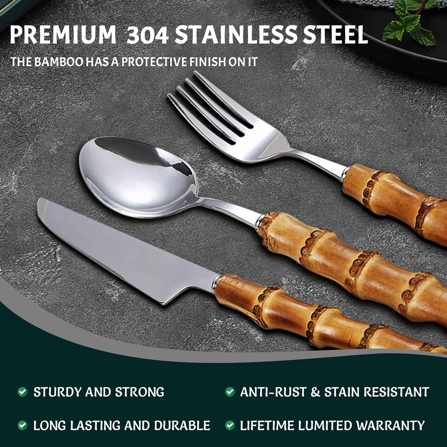 Set di Posate in bambù da 30 Pezzi per 6 Persone, riutilizzabili, in Acciaio Inossidabile, con forchette, cucchiai e coltelli. (60pcs)