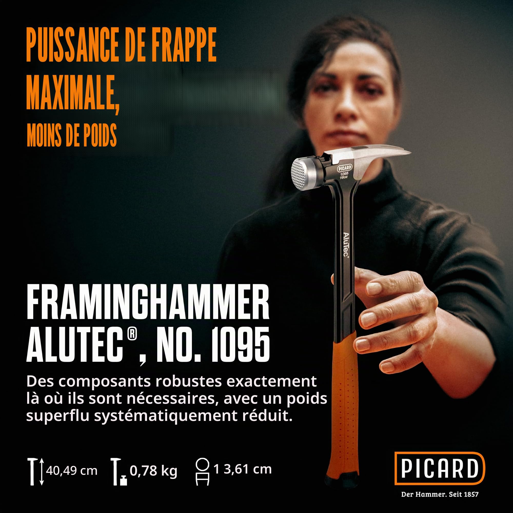 PICARD marteau de charpentier strié AluTec®, no. 1095 | Marteau arrache-clou professionnel | Léger & puissant | Ergonomique & anti-vibrations | Hammer hybride aluminium & acier forgé