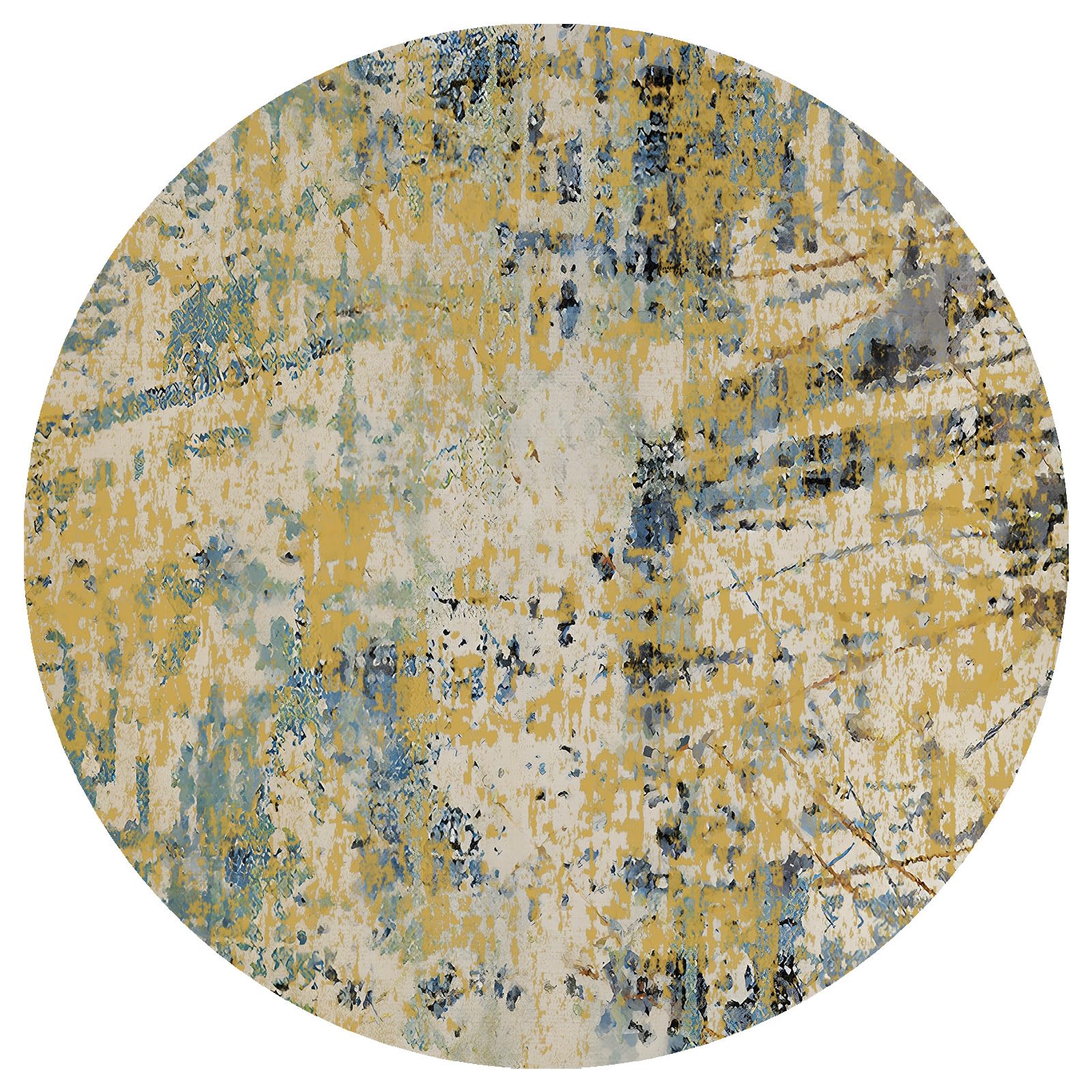Moderner abstrakter runder Teppich, Senfgelb und Blau, 100 cm, rund, waschbar, Beige meliert, für Schlafzimmer, Wohnzimmer, Küche, Heimdekoration
