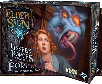 Elder Sign Unseen Forces Board Game EXPANSION - Mystical Blessings, Curses, and New Challenges! Cooperative Dice Adventure, Ages 14+, 1-8 Players, 1-2 Hour Playtime, Made by Fantasy Flight Games