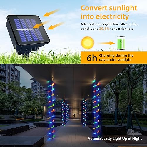 Miniatura 6 de Cuerda de luces solares impermeables para exteriores, 33 pies, 100 luces LED para exteriores, tubo de PVC transparente, 8 modos de luz elástica para