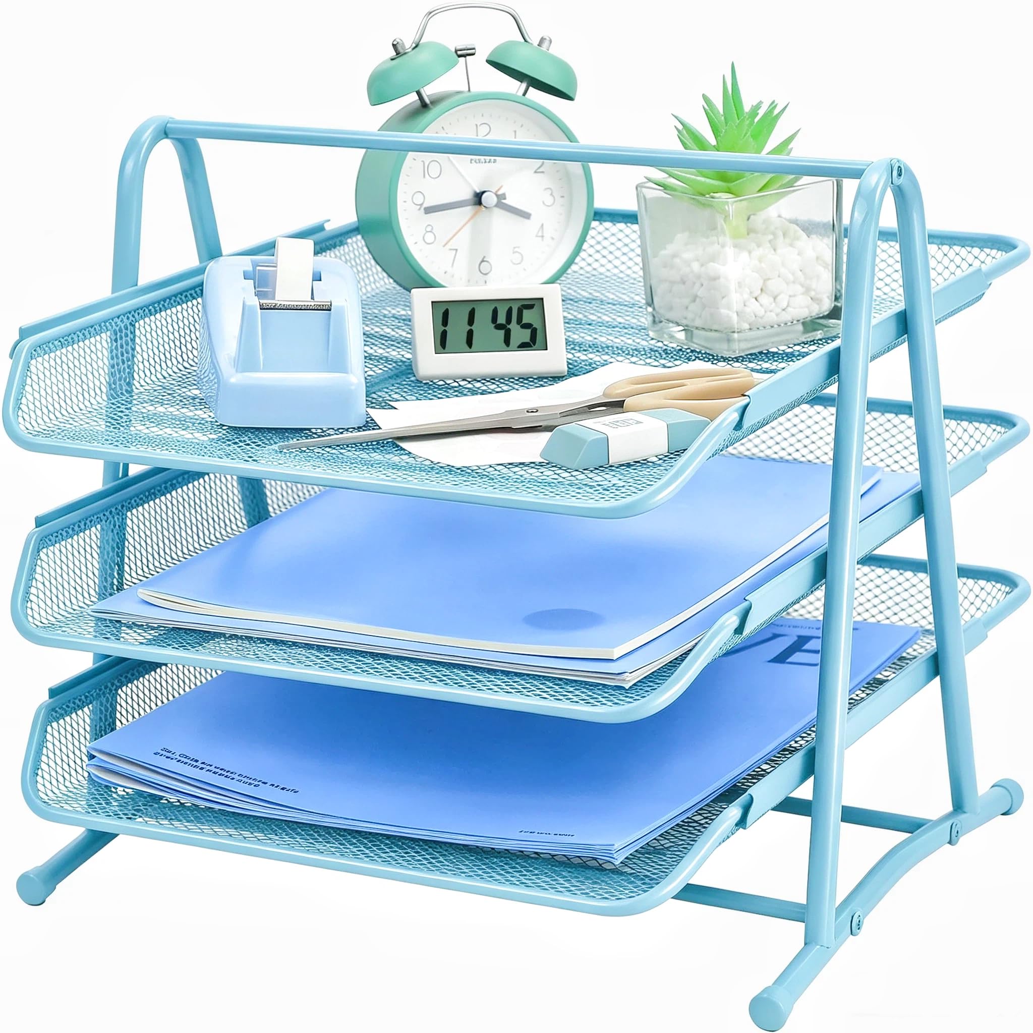 Sliding Letter Tray, Filing Tray for Office, Paper Trays Desk Organiser, Paper Filing Trays Folder, Desk Tidy Organizer A4, File Document Holder for Home Office School,3 Tiers-Blue