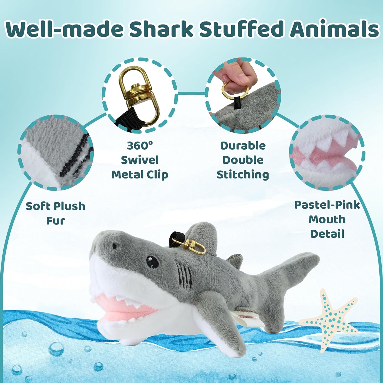 Shark Plush Keychain – Cute Kawaii Soft Stuffed Animal Toy, Mini Plushie Keychain Gift for Kids, Backpack or Purse Accessory – 5” Cartoon Shark Travel Buddy - Image 3