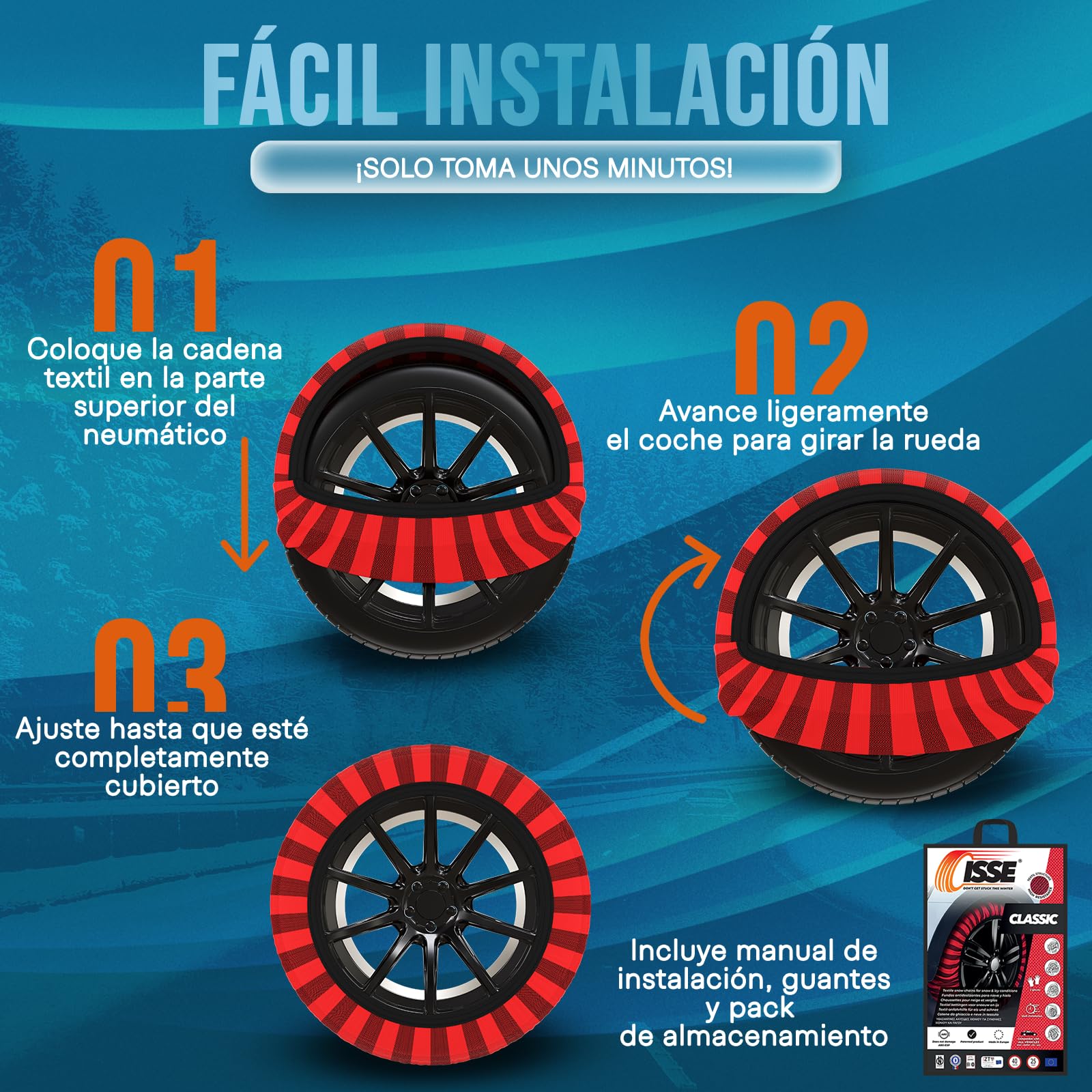 ISSE - Cadenas Coche Nieve Homologación EN 16662-1 y alta seguridad T-66 - Cadenas Nieve Téxtiles Fáciles de Instalar - Cadenas Nieve Coche Antideslizantes y Resistentes - Kit de 2 Cadenas + guantes