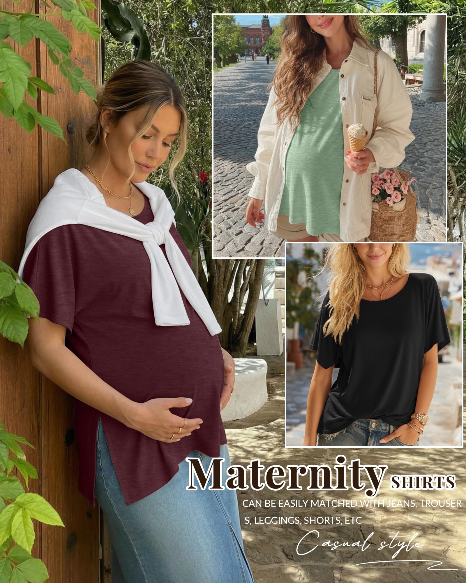 Riyiper 3er-Pack Umstandsshirts für Damen Baumwolle Sommer-Schwangerschaftskleidung Lockere Oberteile mit Seitenschlitzen