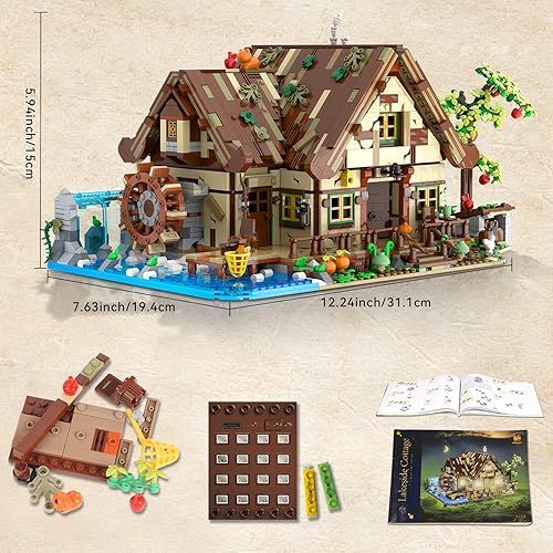 Miniatura 6 de Juego de construcción de cabaña de madera con luz, 2570 piezas de madera de bosque de juguete con estanque de agua, modelo de construcción de casa
