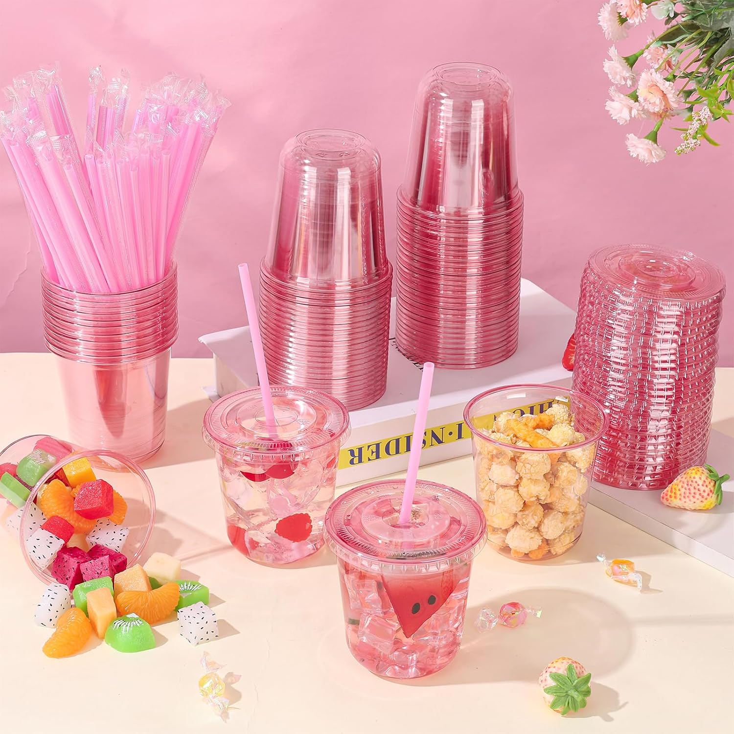 KesaPlan 50 Pack 12 oz Pink Plastic Party Cups with Lids and Straws, Disposable Iced Coffee Cup with Lids, Round Bottom Drinking Cups for Birthday Wedding Valentine's Galentine's Bachelorette Party - Image 2