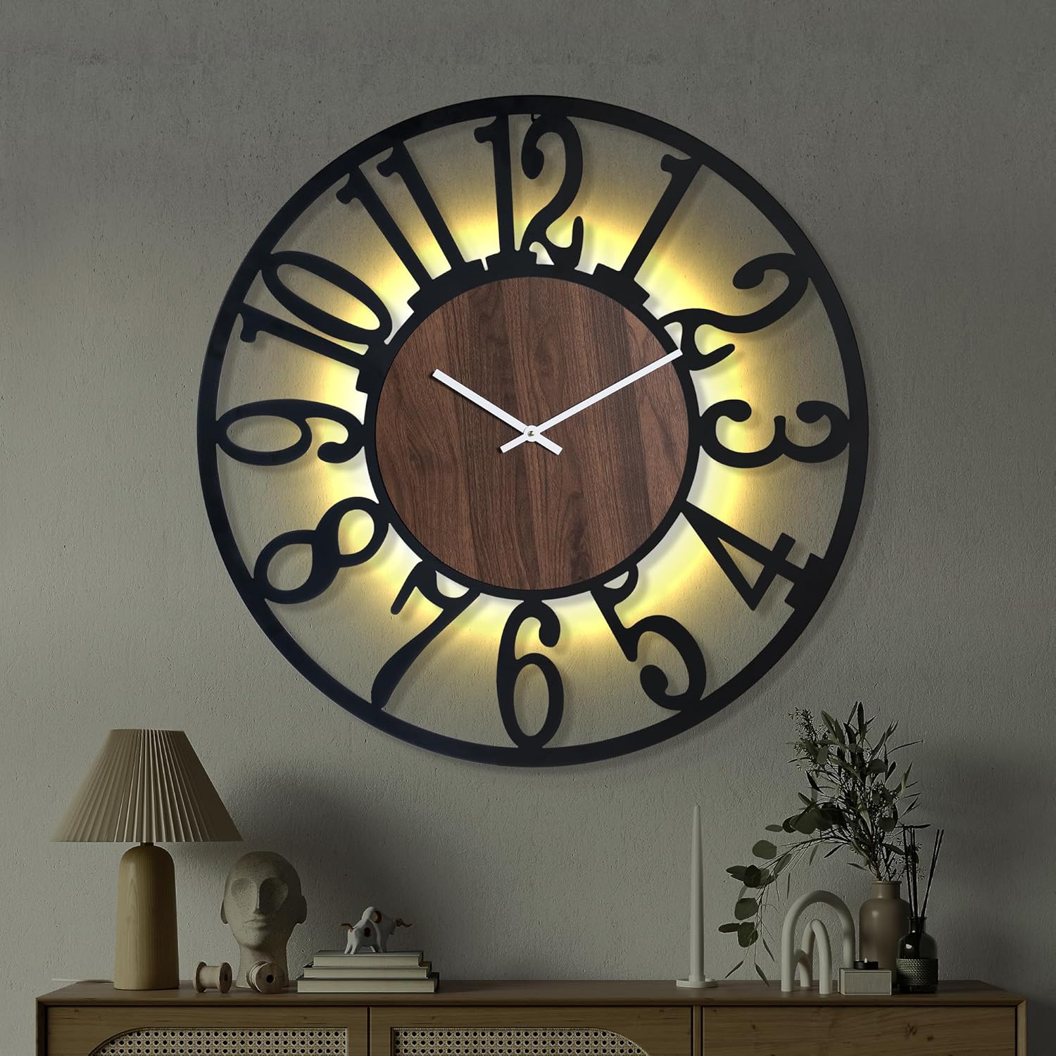 30'' Large Silent Wall Clock with Night Light, Glow in The Dark Decorative Wall Clock Battery Operated, Rustic Modern Metal & Wood Clocks for Bedroom Living Room Decor, Arabic Numerals Black Walnut - Arabic Numerals 30 inch