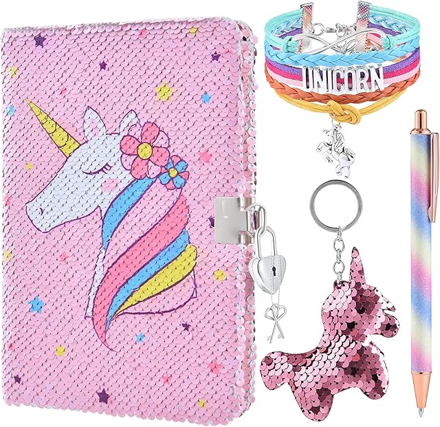 Magic Unicorn Notebook - Sequins Journals for Girls Travel School Office Notepad Memos A5 Diary Notebooks Unicorn Gel Pen Bracelet Key-chain with Locks and Keys