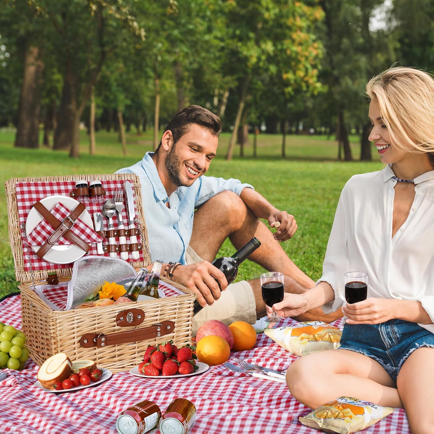 HappyPicnic Picnic Basket Set for 2 - Wicker Picnic Basket with Waterproof Blanket & Insulated Liner, Large Handmade Willow Hamper with Cutlery Kit for Outdoor, Picnic, Camping, Party, Holidays (Red) - Image 7