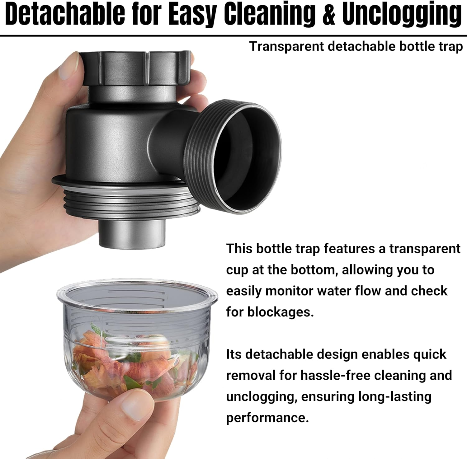 1-1/2"×1-1/2" Clear Removable Bottle Trap, P-Trap Replacement, Easy Cleaning, for Kitchen, Bathroom & Garbage Disposal Sink Drain (White-Male)