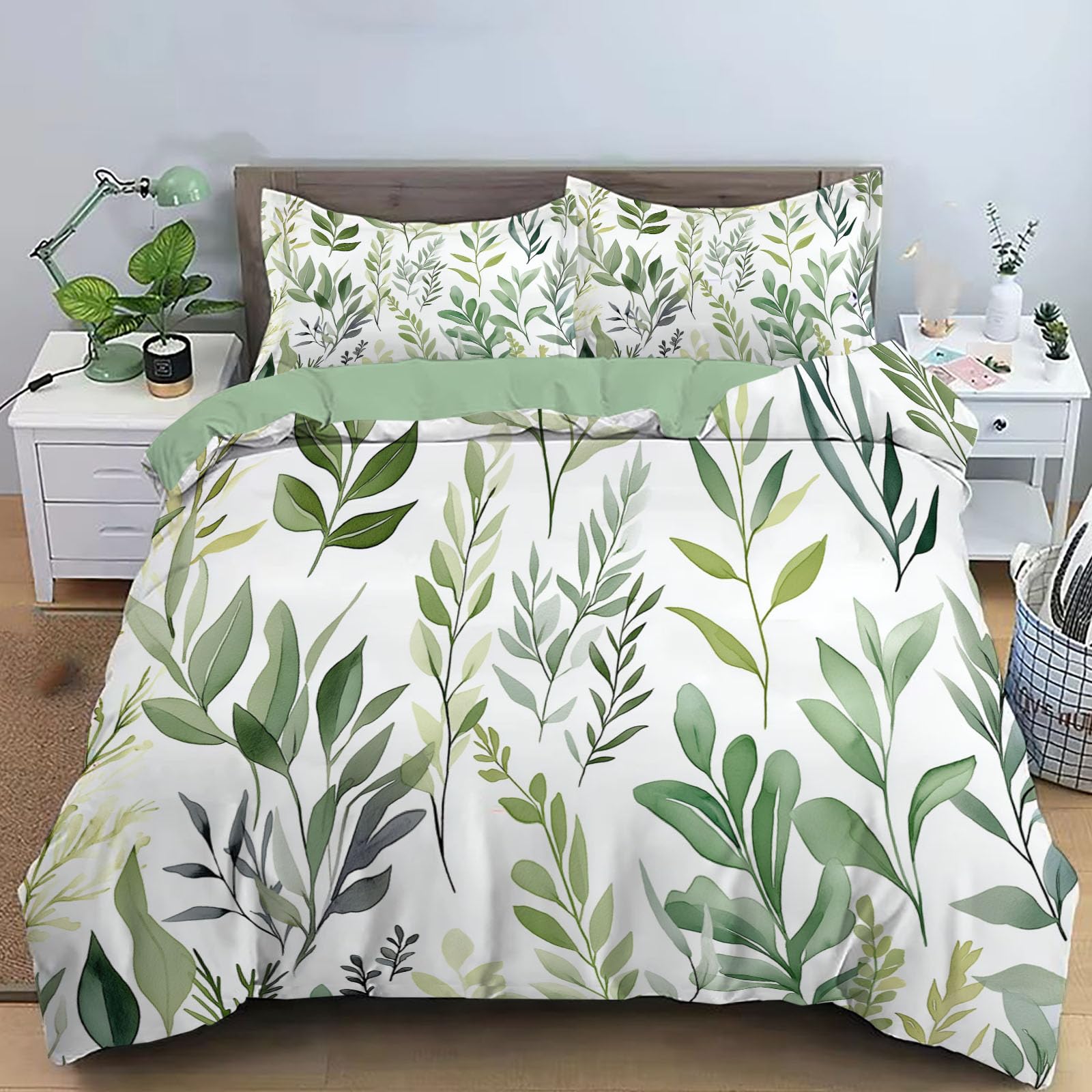 Housse de couette blanche et verte 3 pièces avec fermeture éclair