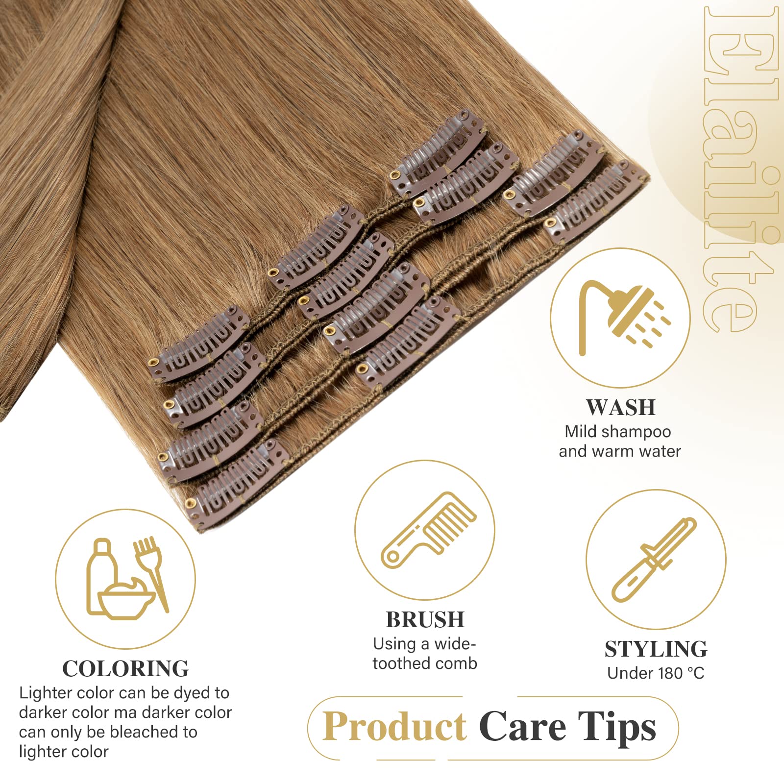 Elailite Echthaar Clip in Extensions 8 Tressen Glatt #27 Dunkelblond, Haarverlängerung Real Human Haar 45cm-70g