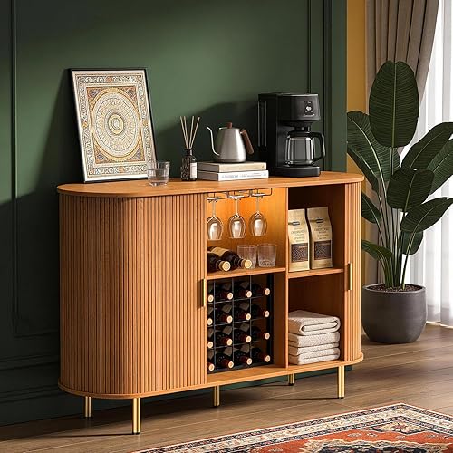 Miniatura 3 de DHH 55" Gabinete de barra de vino con almacenamiento, gabinete de barra de licor y café estriado con estante de vino y soporte para vasos, aparador