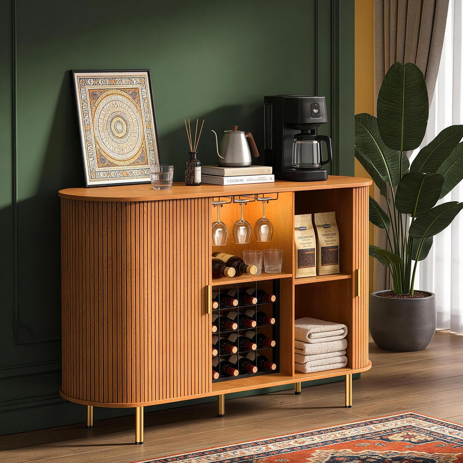 DHH 55" Wine Bar Cabinet with Storage, Fluted Liquor & Coffee Bar Cabinet with Wine Rack and Glass Holder, Buffet Sideboard with LED Lights for Home Kitchen Living Dining Room(Yellow Walnut)