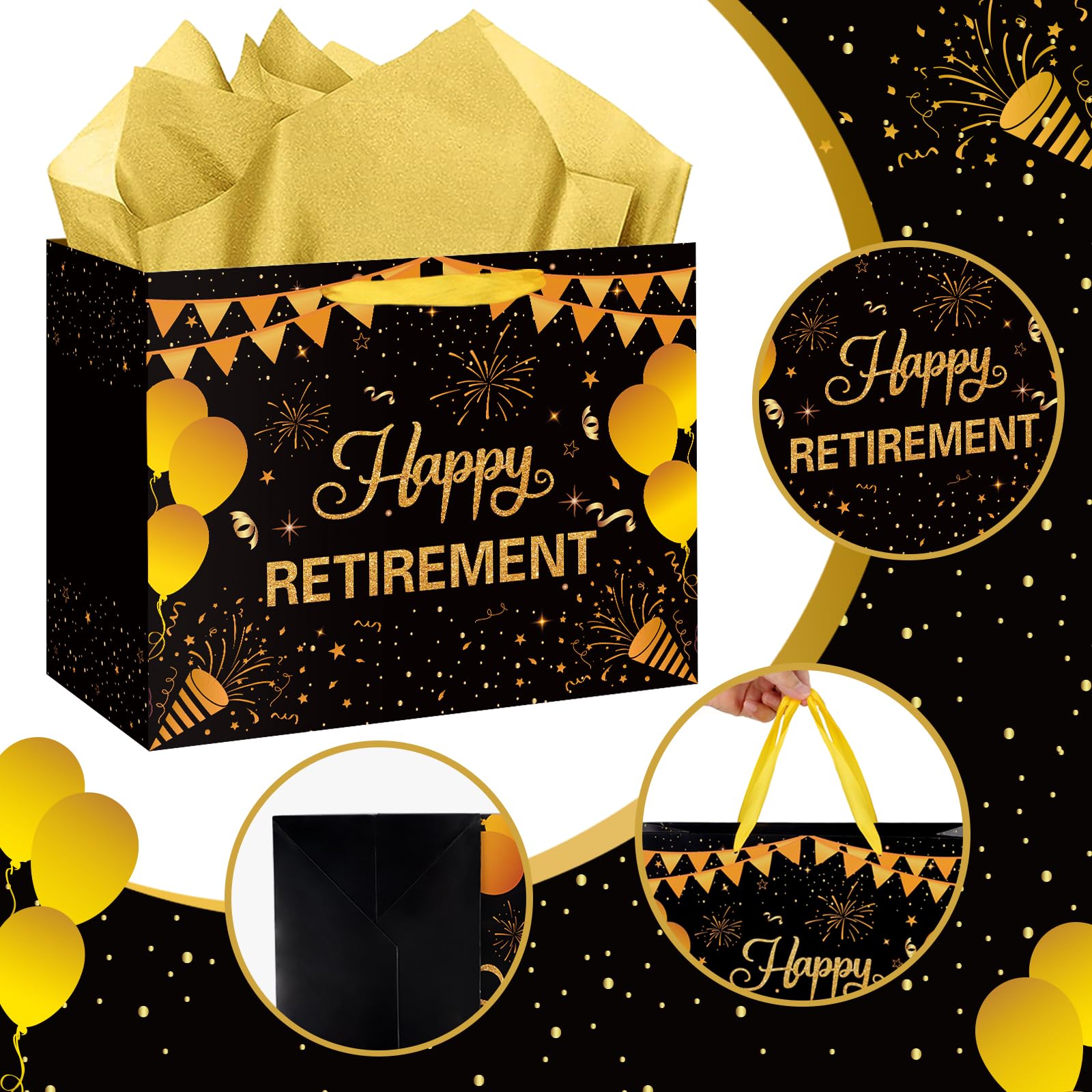 Abilat Happy Retirement Gift Bag with Tissue Paper and Greeting Card Large Black Gold Retirement Party Favor Wrapping Bag for Men Women Coworkers Farewell Going Away Party Supplies