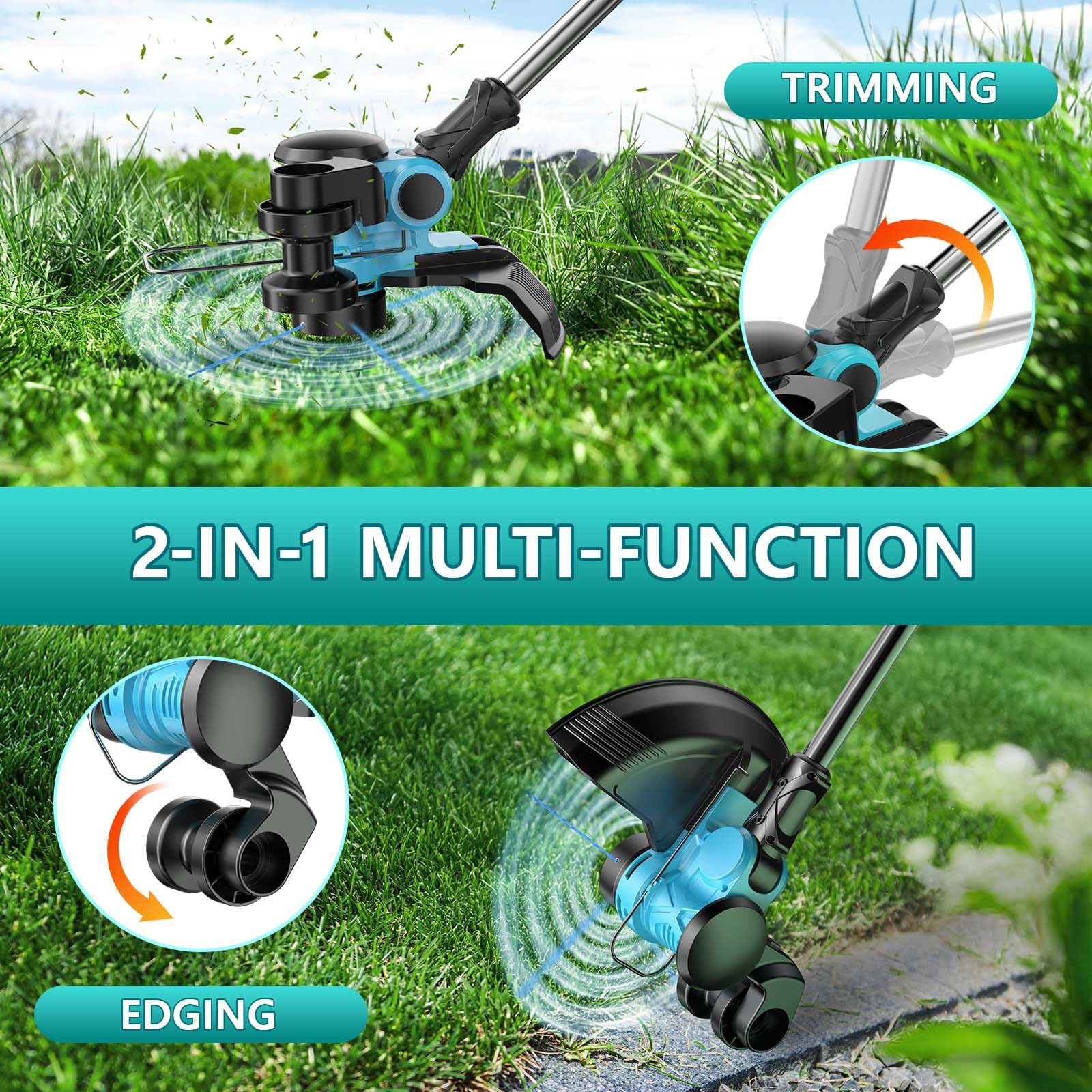 Akku Rasentrimmer 21V Set mit 2X 4.0Ah Akkus – 300mm Schnittbreite, 2-in-1 Kantenschneider (2,3kg) – Passend für gängige 18V / 21V Akku-Systeme – Komplettset inkl. Gartenschere, Brille & Handschuhe