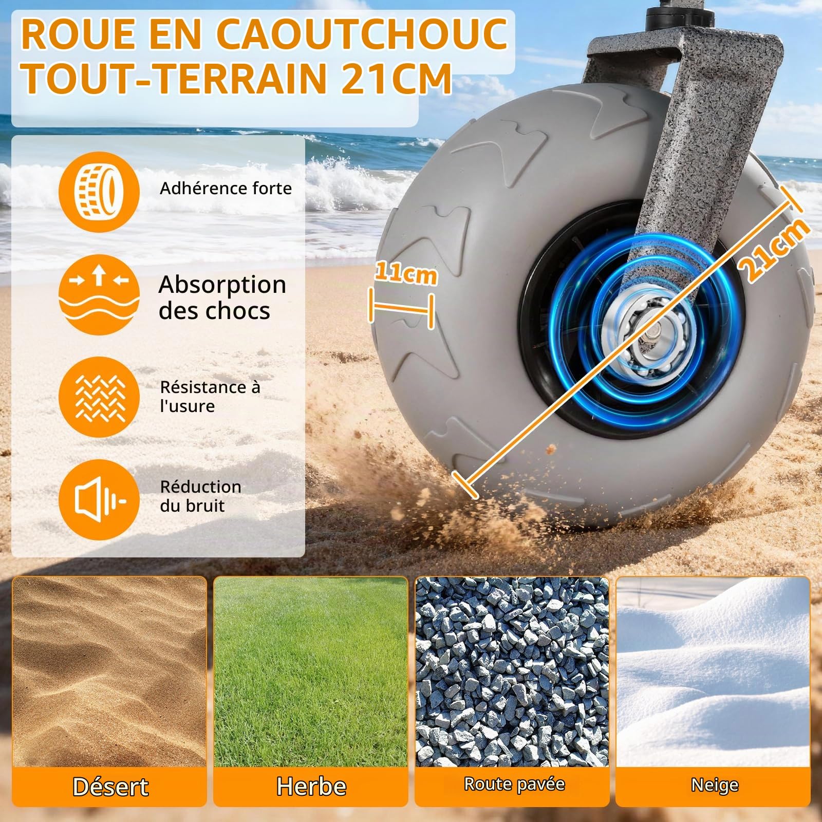 Chariot Pliable avec pneus gonflables, 21x11cm Roue de Plage Gonflable en PVC, Chariot Tout Terrain pour Extérieur & Camping, Trolley avec poignée télescopique, Poussoir et hayon