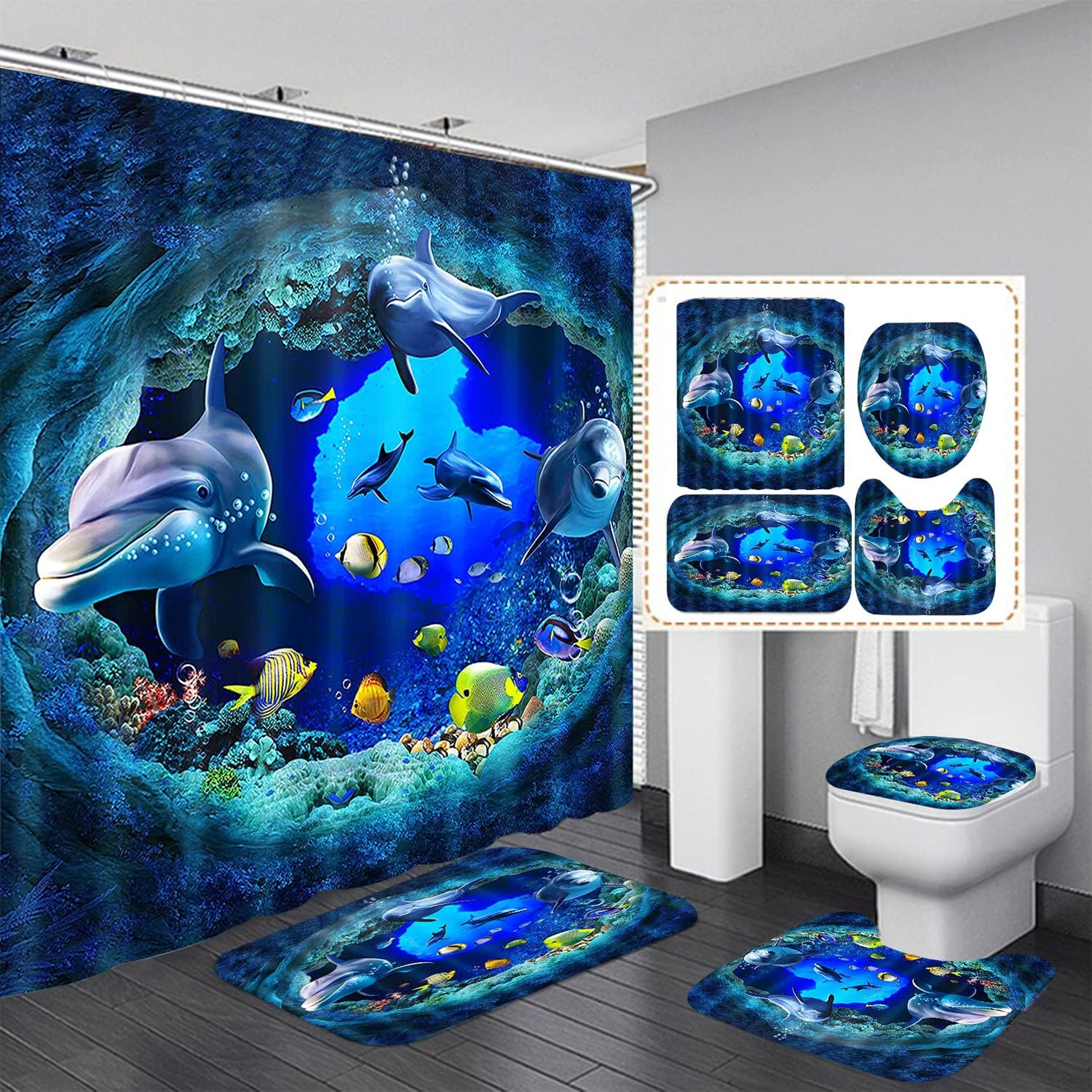 Dolphins Bathroom Sets with Shower Curtains and Rugs and Accessories for Boys and