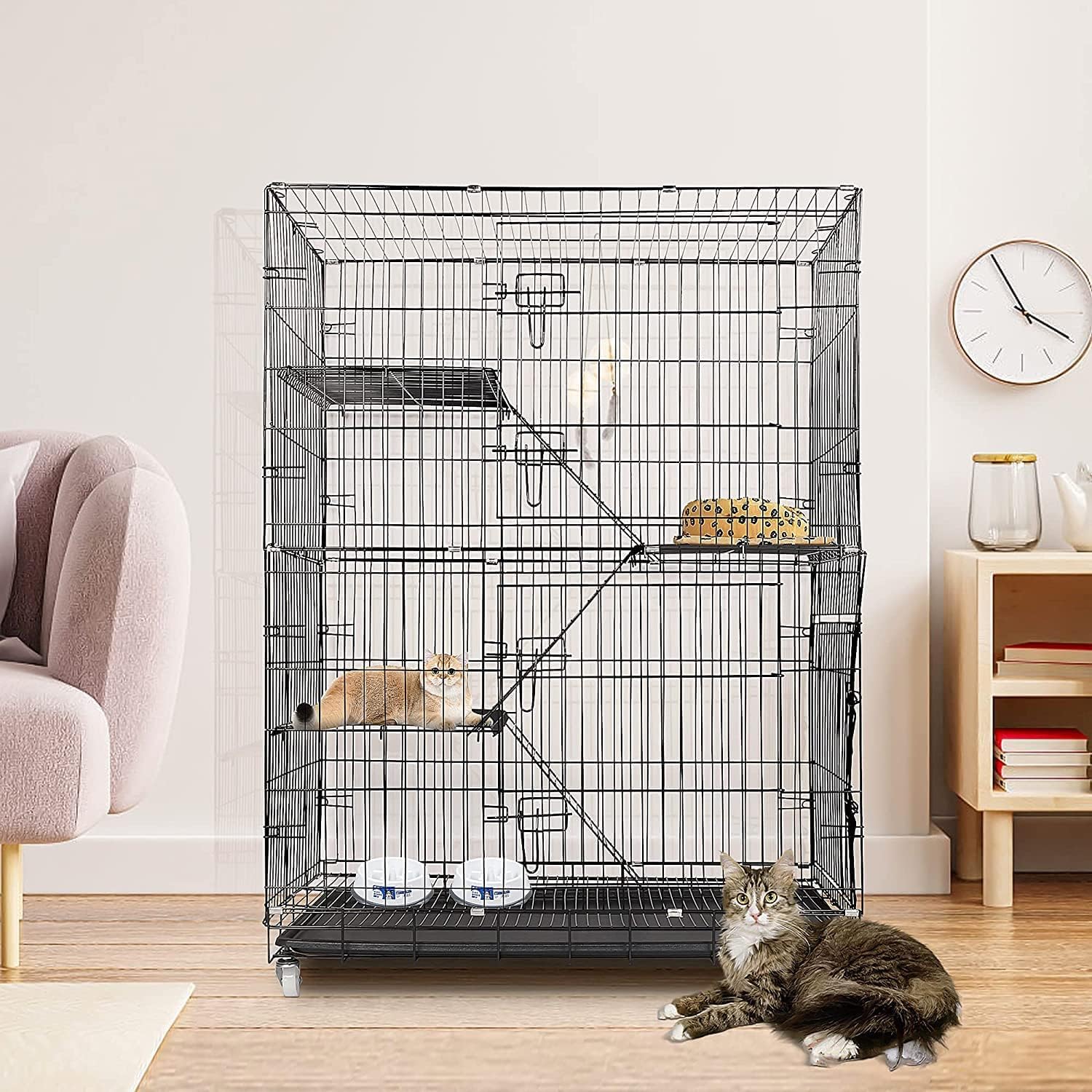 Jaula grande para gatos con 4 niveles, plegable con 360 ruedas giratorias, rampa de escalera, balcón, interior, exterior, jaula de metal para 1-3 gatos, 90 x 55 x 125 cm