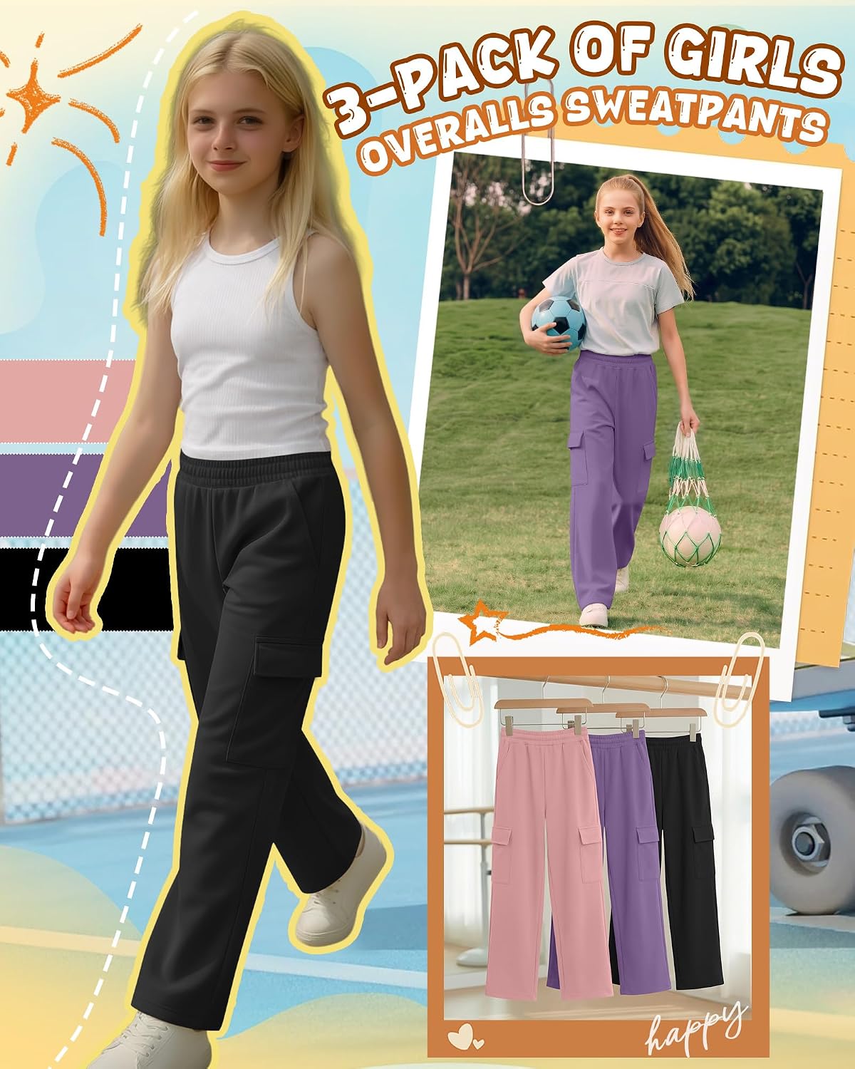3 Pack Girls' Wide Leg Sweatpants Teen Baggy Cargo Pants Kids Drawstring Elastic Waistband Joggers with Pockets