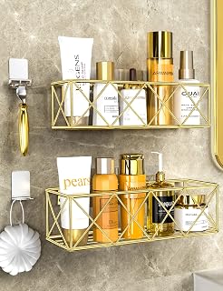 Shower Caddy Gold, 2 Pack Shower Shelves Strong Adhesive Bathroom Shower Organizer with Hooks No Drilling Wall-Mounted Shower Shelf for Inside Shower