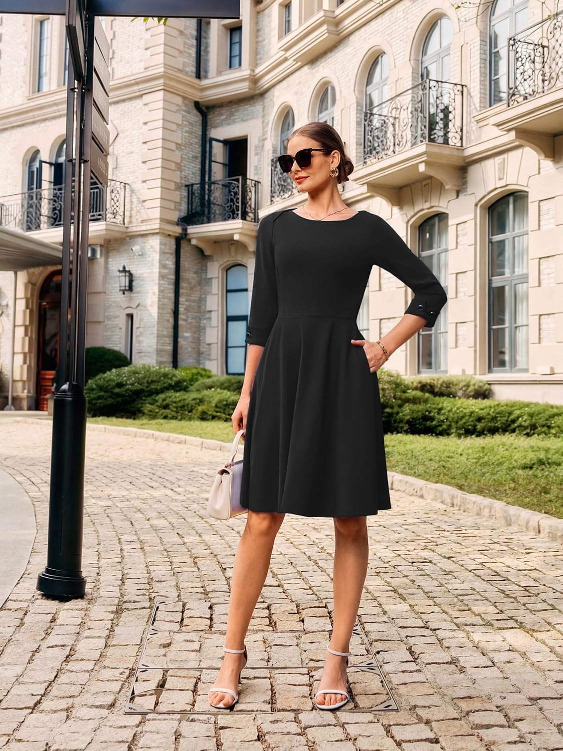 GRACE KARIN Work Dresses for Women 2026 3/4 Sleeve Fit and Flare Business Midi Dress Classy Office Dresses with Pockets