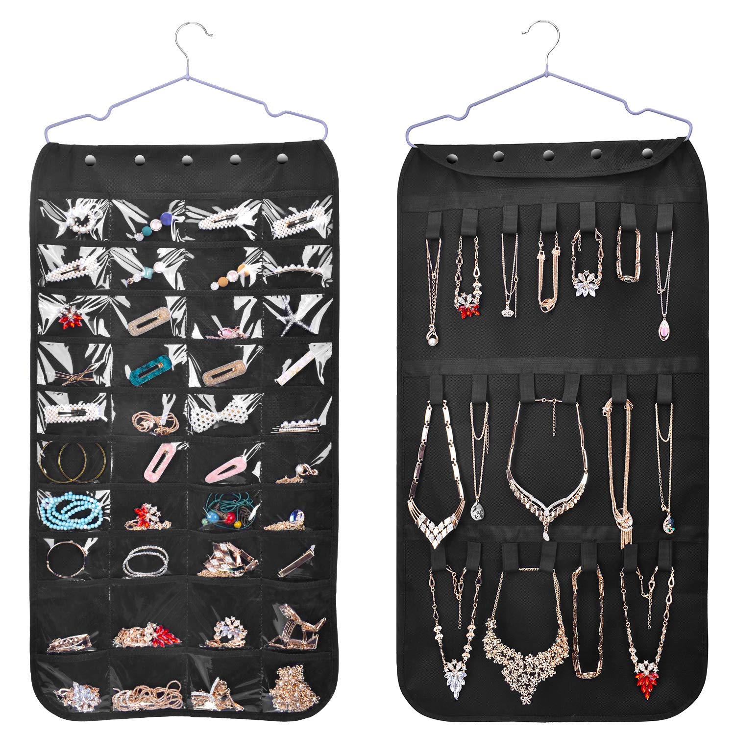 SPIKG Hanging Jewelry Organizer, Dual Sided 40 Pockets and 20 Magic Tape Hook and Loops Jewelry Organizer, Necklace Holder Jewelry Chain Organizer for Rings, Bracelet, Earrings, Necklace（Black ）
