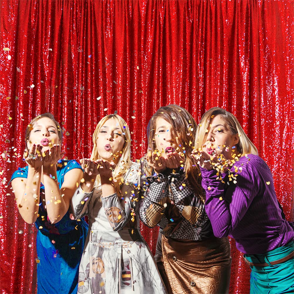 SquarePie Sequin Backdrop Curtain Not See Through Background for Wedding Party(10FT x 10FT, Red)