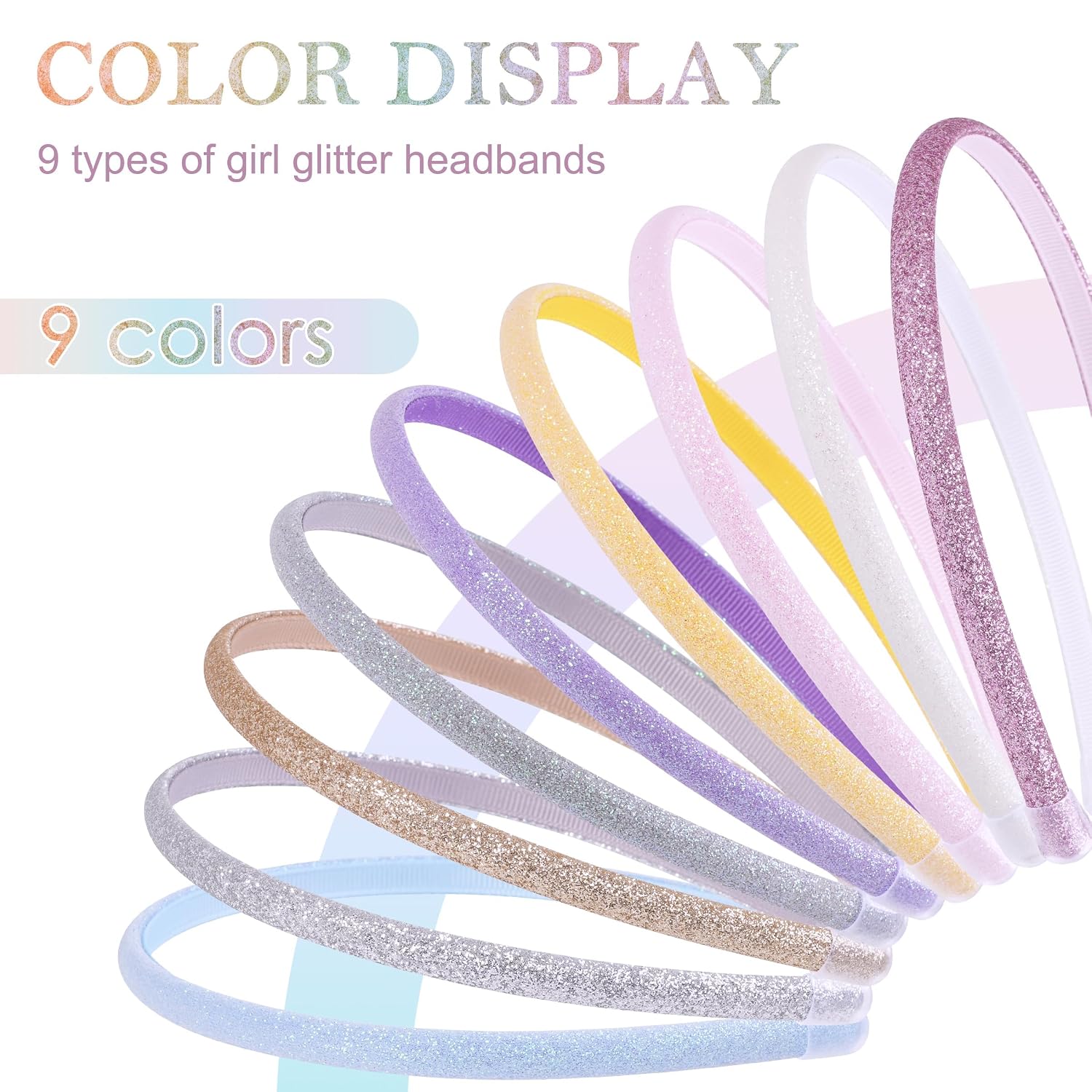 9 Pcs Glitter Headbands Set: Rainbow Sparkly Soft Headbands for Toddlers, Kids, Teens, and Women - Non-Slip and Comfortable, 9 Colors image 2
