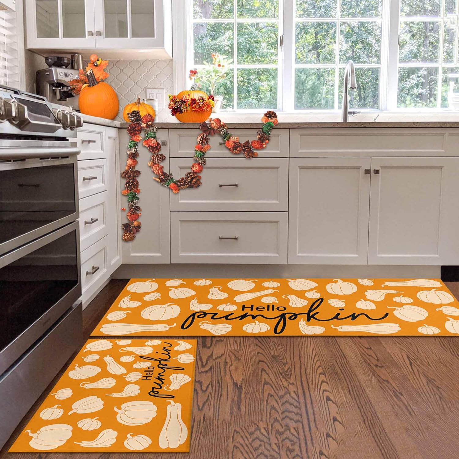 Fall Kitchen Rugs, Fall Decorations for Home Fall Kitchen Mats Set of 2, Non-Slip Backing Autumn Pumpkin Floor Mat, Thanksgiving Decor Holiday Rug 17"x47.2"+17"x30"