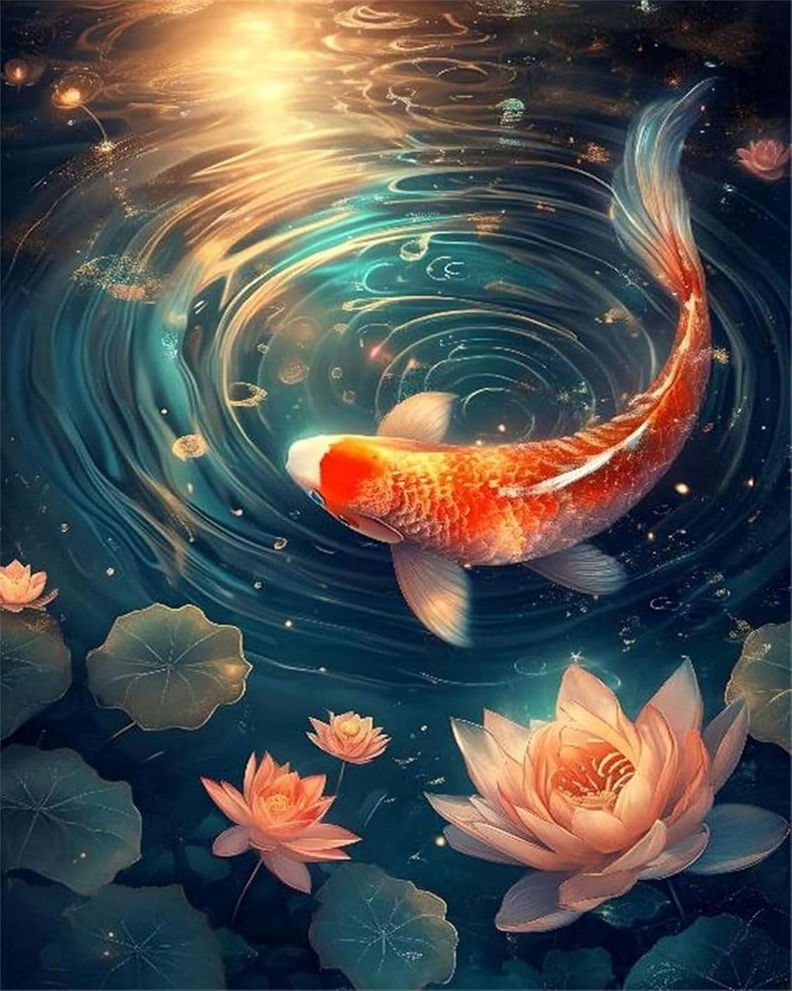 LEYIUYIU Kit punto croce stampato semplice fai da te per principianti adulti 11CT motivi di ricamo a mano decorazione della parete di casa - Pesce Koi Fiore - 40x50cm