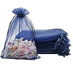 Jexila 100PCS Sheer Organza Bags - 5X7 inches Navy Blue Mesh Drawstring Jewelry Bags for Wedding Party Favor Pouches