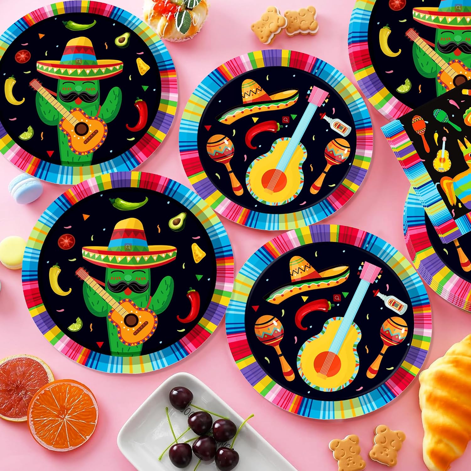 Mexican Fiesta Birthday Paper Plates Napkins Chili Cactus Disposable Tableware Set Party Supplies Cinco de Mayo Theme Dinnerware Serves 24 Guests for Audlts Kids Baby Shower Birthday 88PCS
