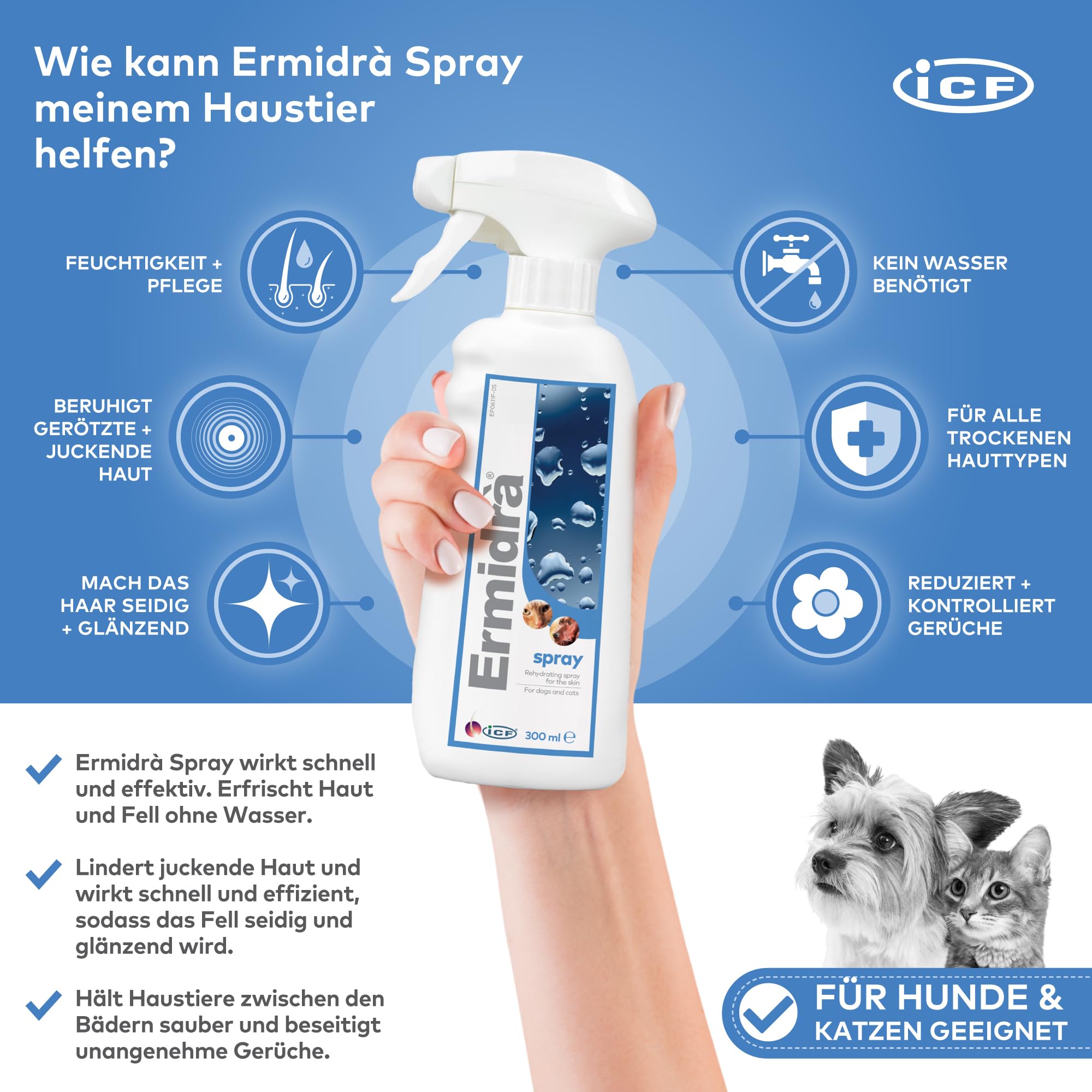 Ermidrà Feuchtigkeitsspray für Hunde, Katzen & Pferde | Hydratisierende & Beruhigende Hautpflege | Unterstützt EIN Weiches & Erfrischtes Fell | Ohne Ausspülen | 300ml